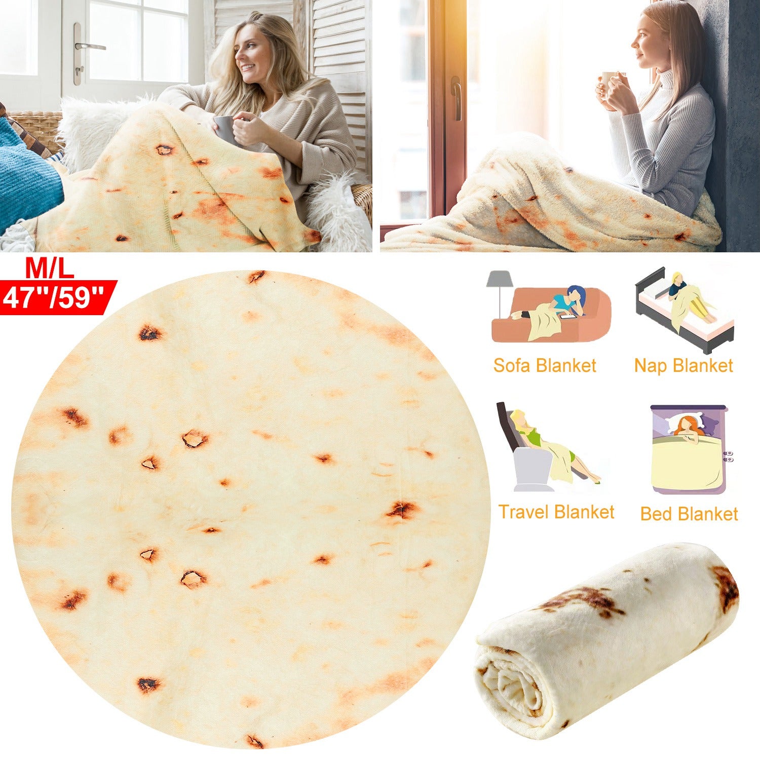 Burrito Tortilla Throw Blanket Pancake Wrap Blanket Soft Round Swaddle for Adults Kids Baby Pets