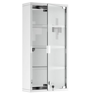 HOMCOM Secure Medicine Vault: Lockable 4-Tier Wall-Mounted First Aid Cabinet with Frosted Glass Door, Stainless Steel Frame 