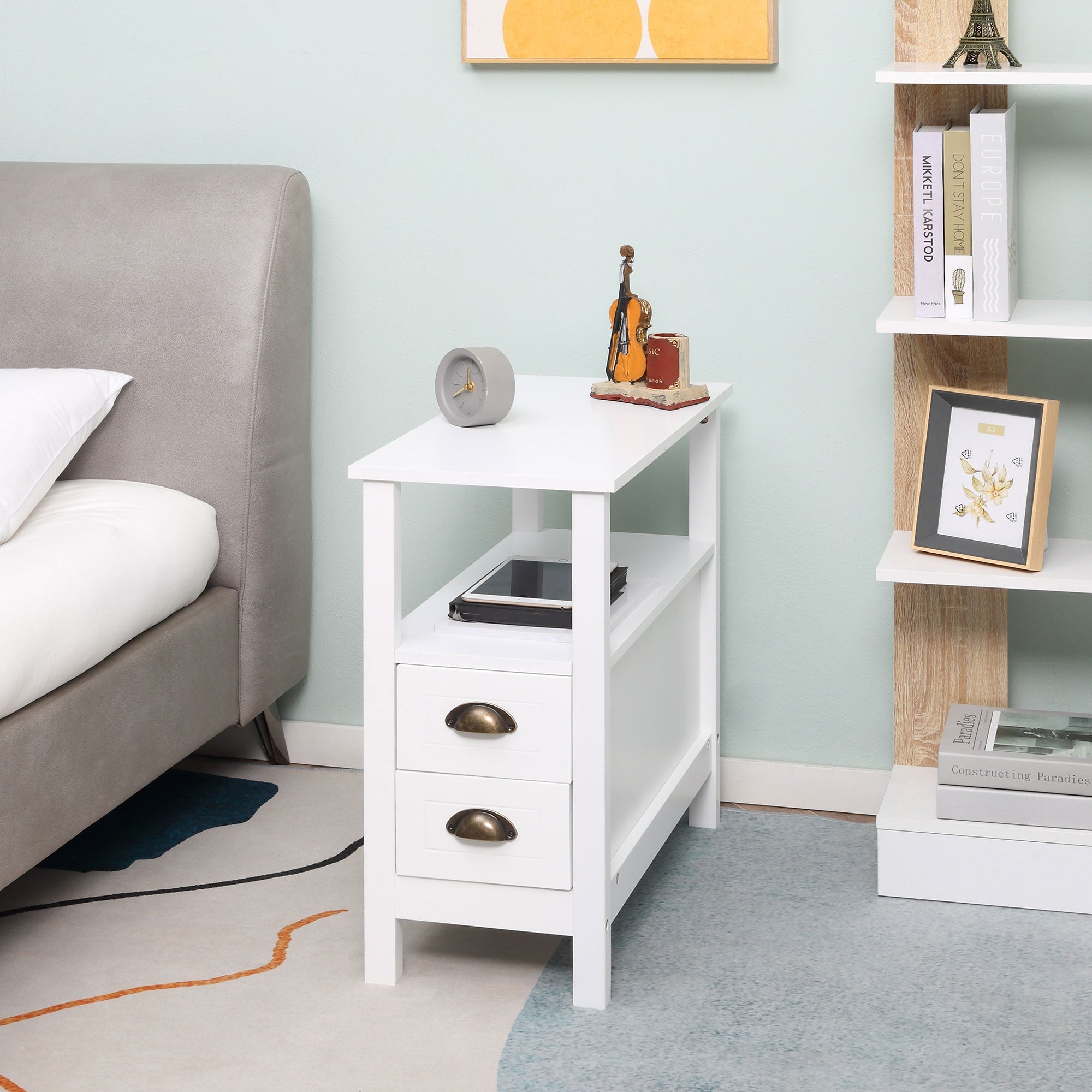 HOMCOM Slim End Table: White with 2 Drawers & Storage Shelf for Compact Living Room & Bedroom Spaces 