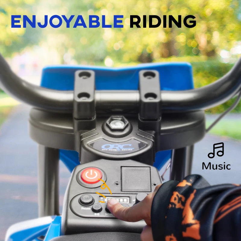 Qaba 12V Kids Dirt Bike, Electric Motorcycle with Twist Grip Throttle, Training Wheels, Rear Suspension & Music, Blue
