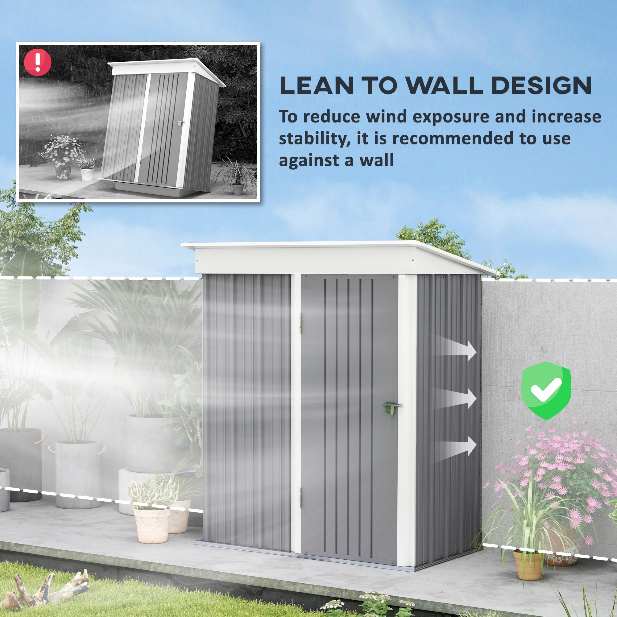 Outsunny Outdoor Storage Shed, Steel Lean-to Shed with Adjustable Shelf, Lock, Gloves, 5'x3'x6', Grey 