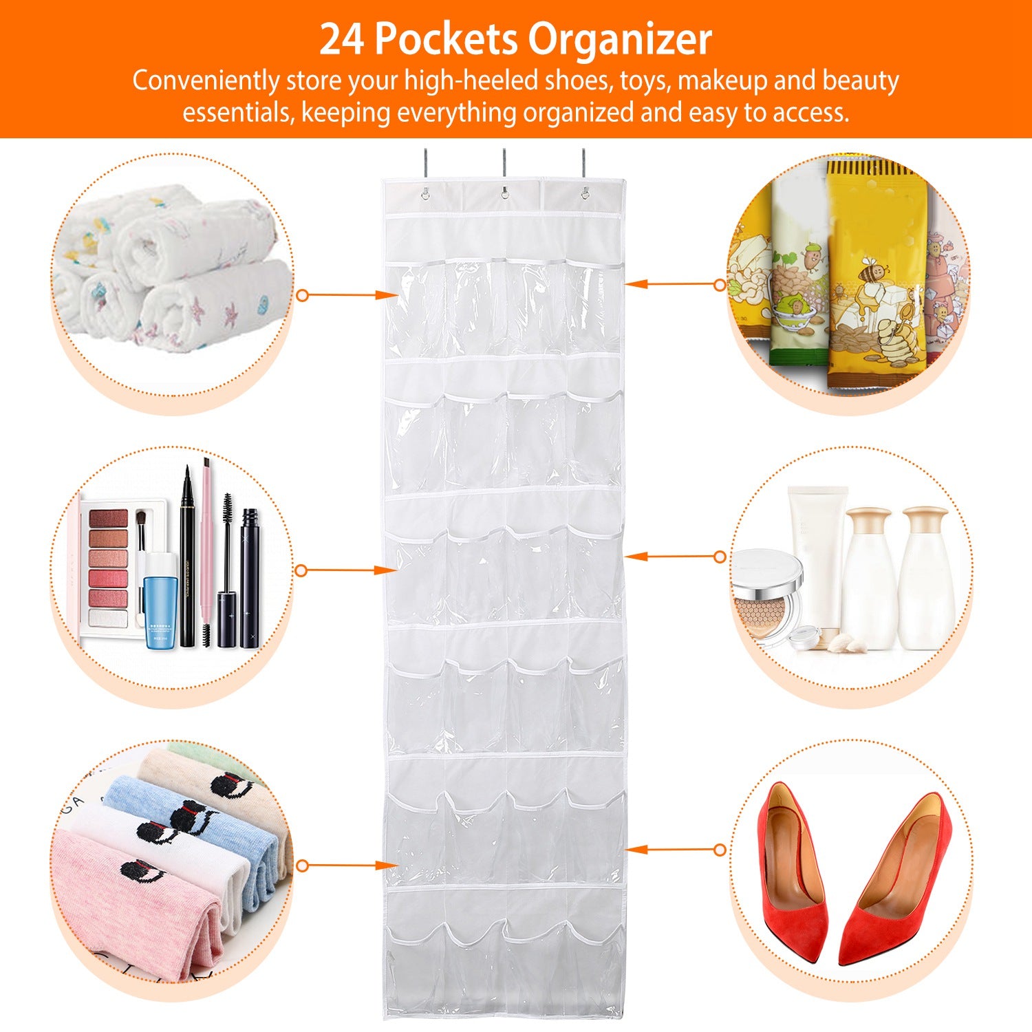 Over the Door Shoes Rack 24-Pocket Crystal Clear Organizer 6-Layer Hanging Storage Shelf for Shoes Slippers Small Toys Closet Cabinet 