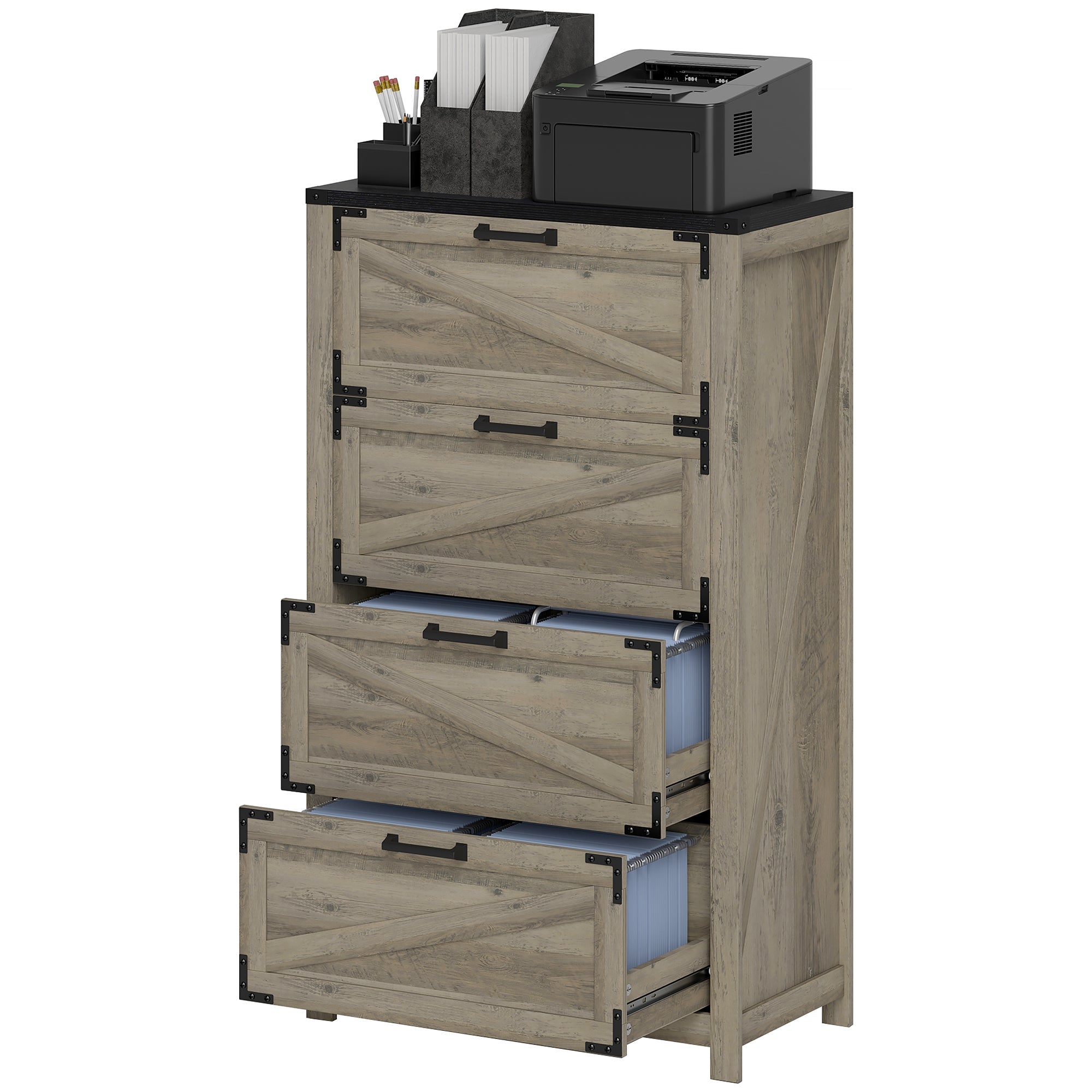 HOMCOM 4 Drawer Filing Cabinet, Farmhouse Office Storage Cabinet with Adjustable Hanging Bars for Letter, A4, Legal Size, Grey 