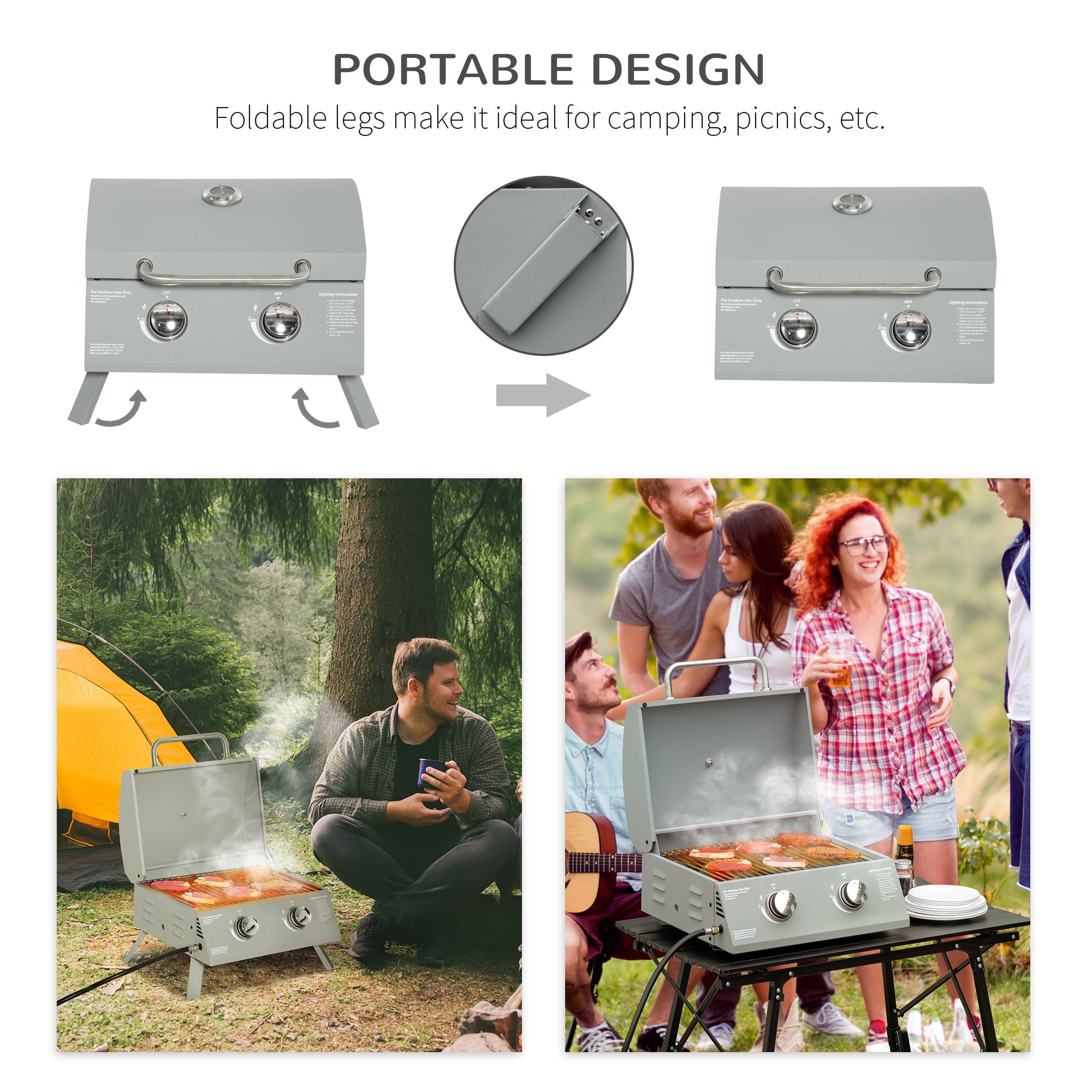 Outsunny 2 Burner Propane Gas Grill, Portable Tabletop BBQ with Foldable Legs, Lid, for Camping, Picnic, Silver 