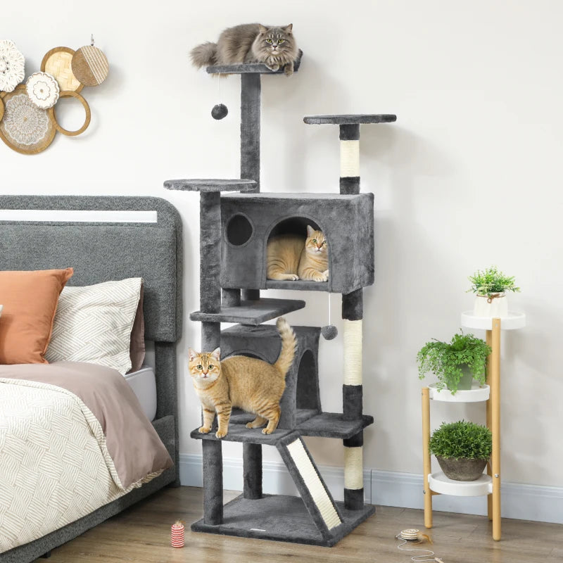 63" Cat Tree, Multi-Level Cat Tower with Scratching Posts, Cat Condos, Bed, Platforms, Ramp, Toy Ball, Dark Grey