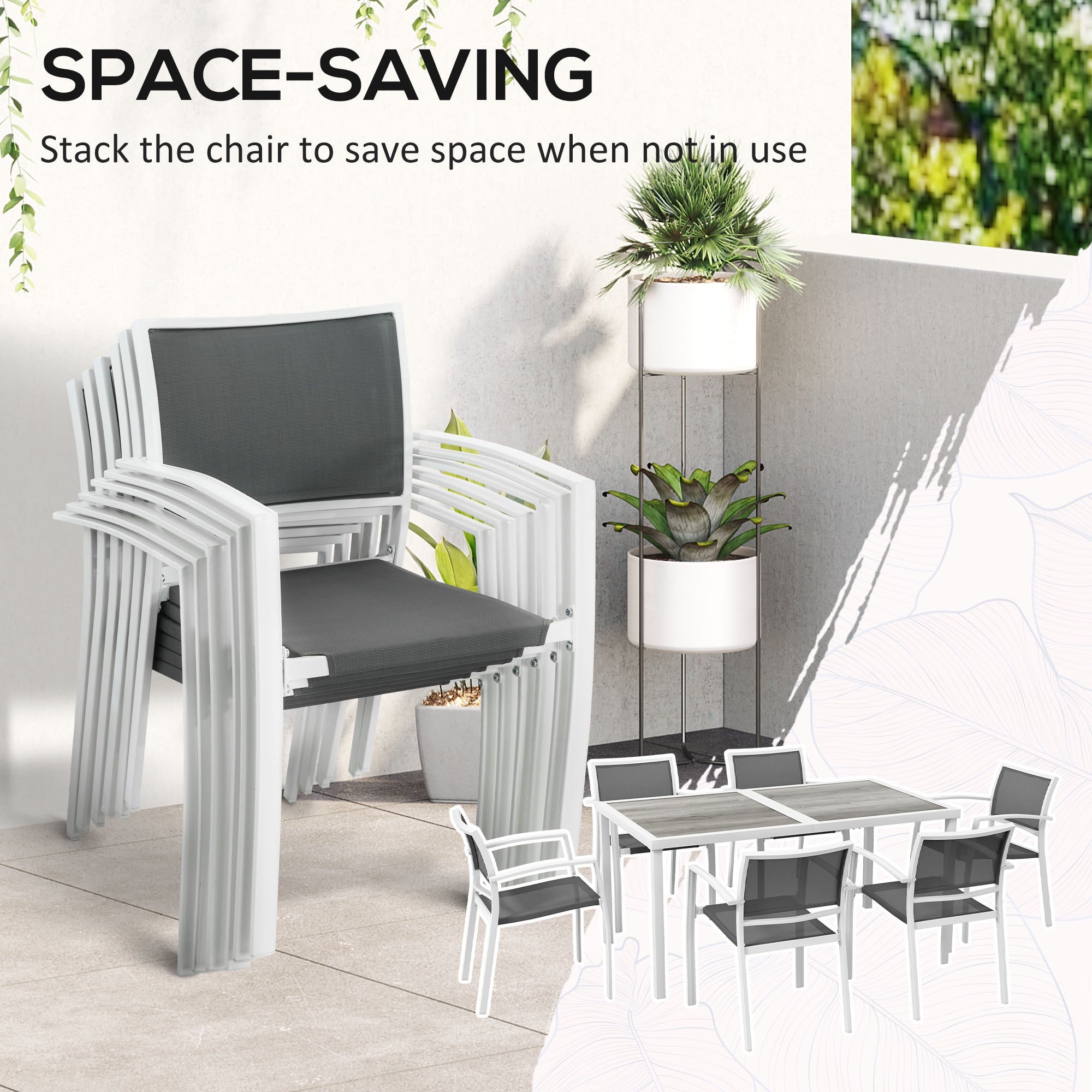 Outsunny 7 Pieces Outdoor Dining Set with 6 Stackable Chairs, Patio Table and Chairs with Plastic Top, Breathable Mesh Seat Back 