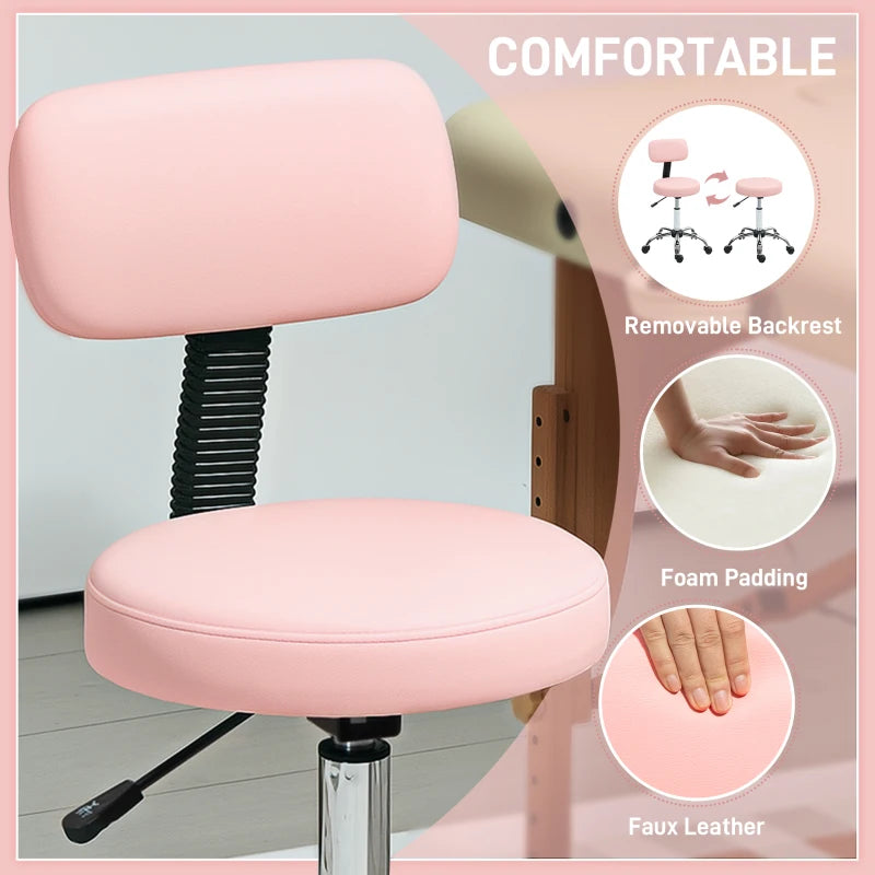 Adjustable Rolling Stool with Removable Backrest, Faux Leather Swivel Stool Chair for Salon Spa, Bar, Massage, Pink
