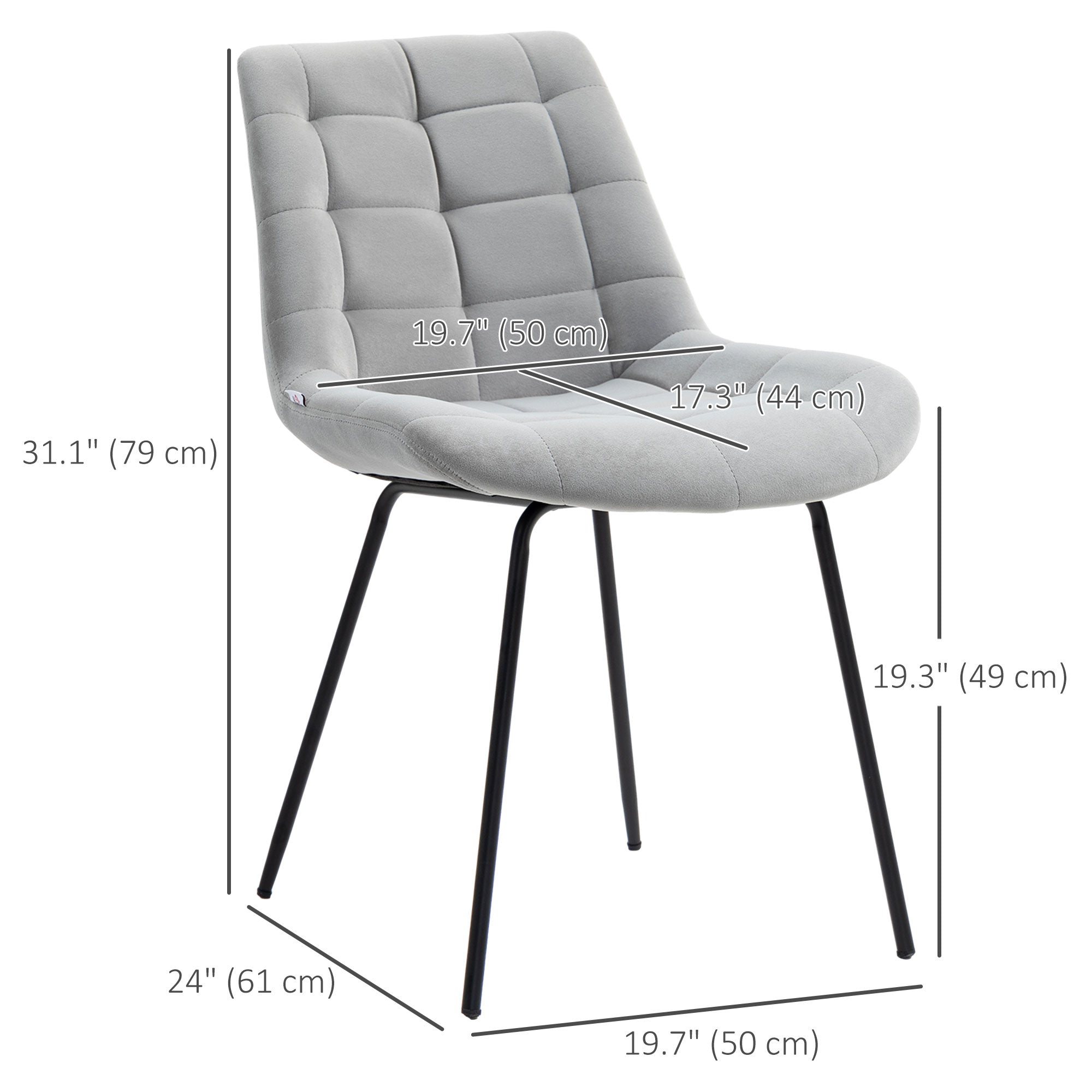 HOMCOM 2 Pieces Dining Chairs, Set of 2 Upholstered Kitchen Chairs with Padded Seat and Steel Legs for Living Room Light Grey 