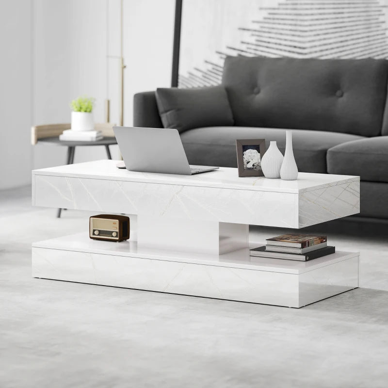 Coffee Table with Adjustable LED Lights, Center Table with 2 Drawers, Open Shelf, Remote, High Gloss Marble-Effect White