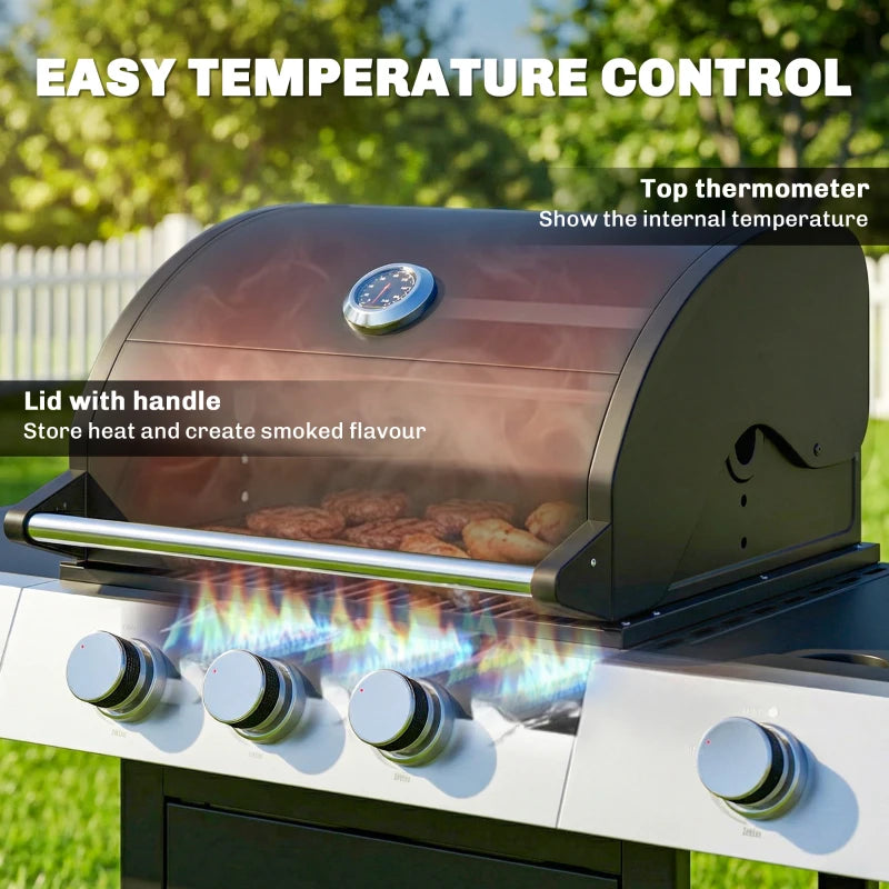 Outsunny 3 Burner Propane Gas Grill with Side Burner, 36,000 BTU BBQ Grill with Cast Iron Grates, Wheels, Warming Rack, Cabinet
