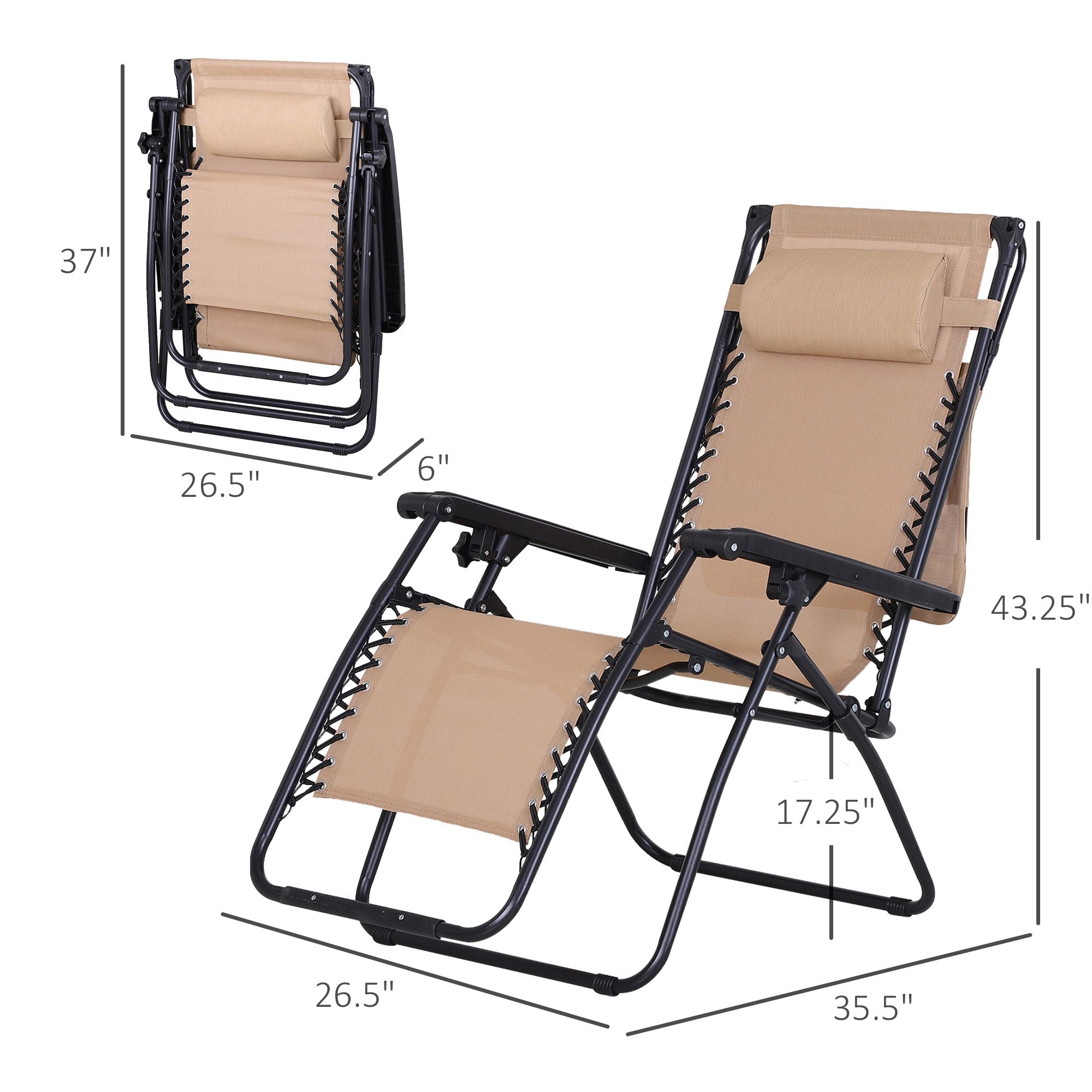 Outsunny Zero Gravity Chair 2pc Adjustable Patio Lounge Recliner with Cup Holder Canopy Shade Beige 
