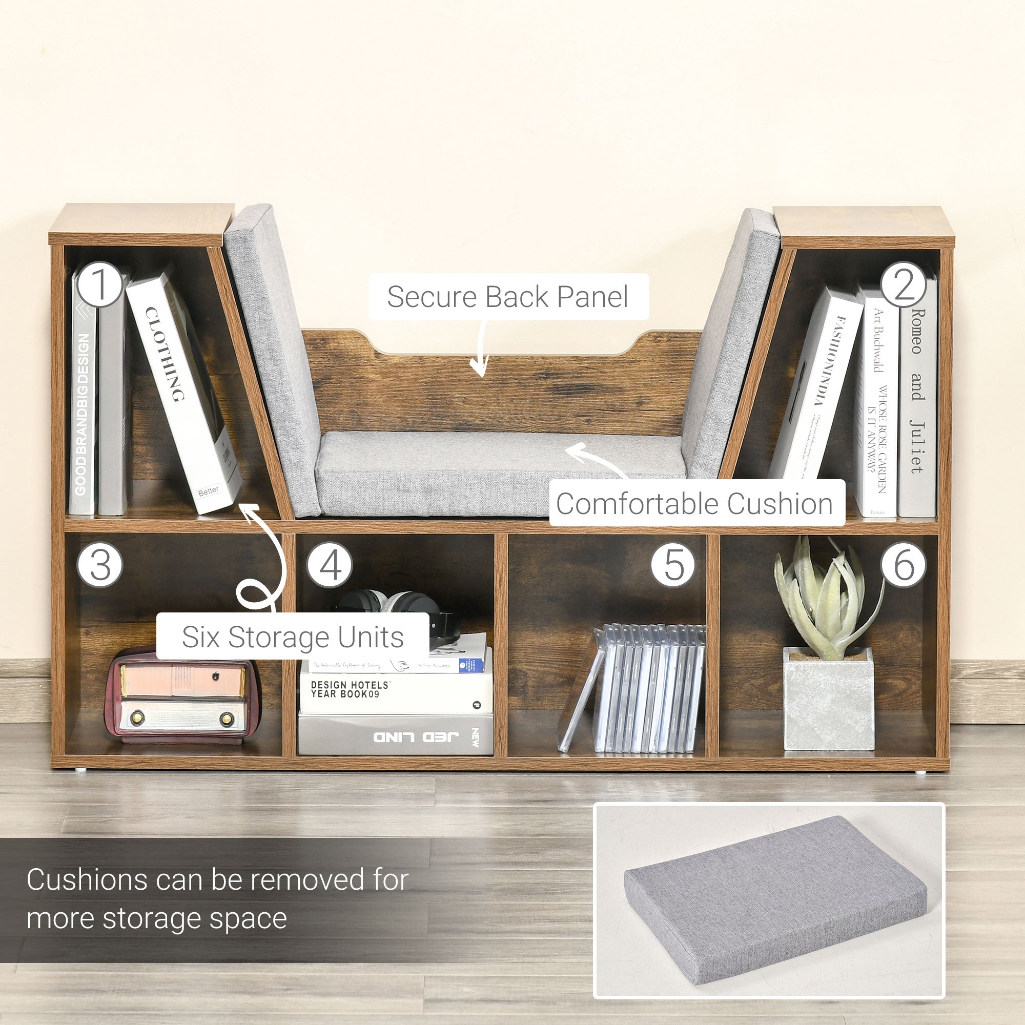 HOMCOM 6-Cubby Bookcase with Seat Cushion, Cube Storage Shelf with Reading Nook for Home Office, Study, Rustic Brown 
