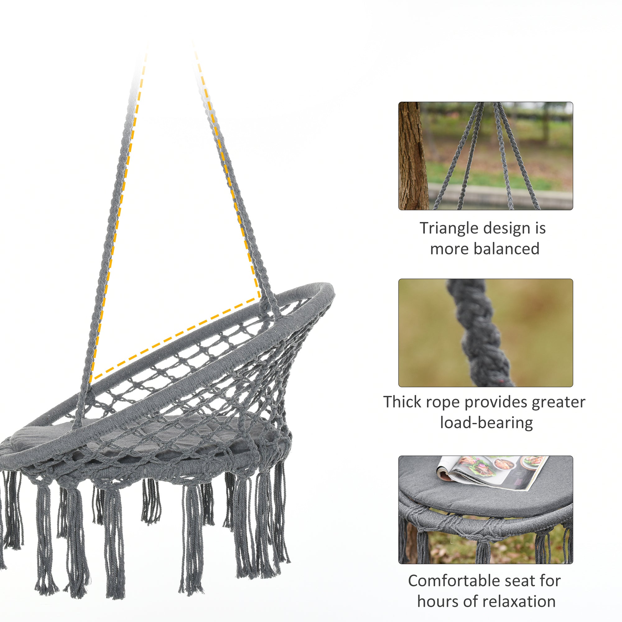 Outsunny Patio Hammock Chair, Hanging Rope Hammock Swing for Indoor & Outdoor Use with Backrest, Cotton-Polyester Blend, Fringe Tassels, Dark Grey 