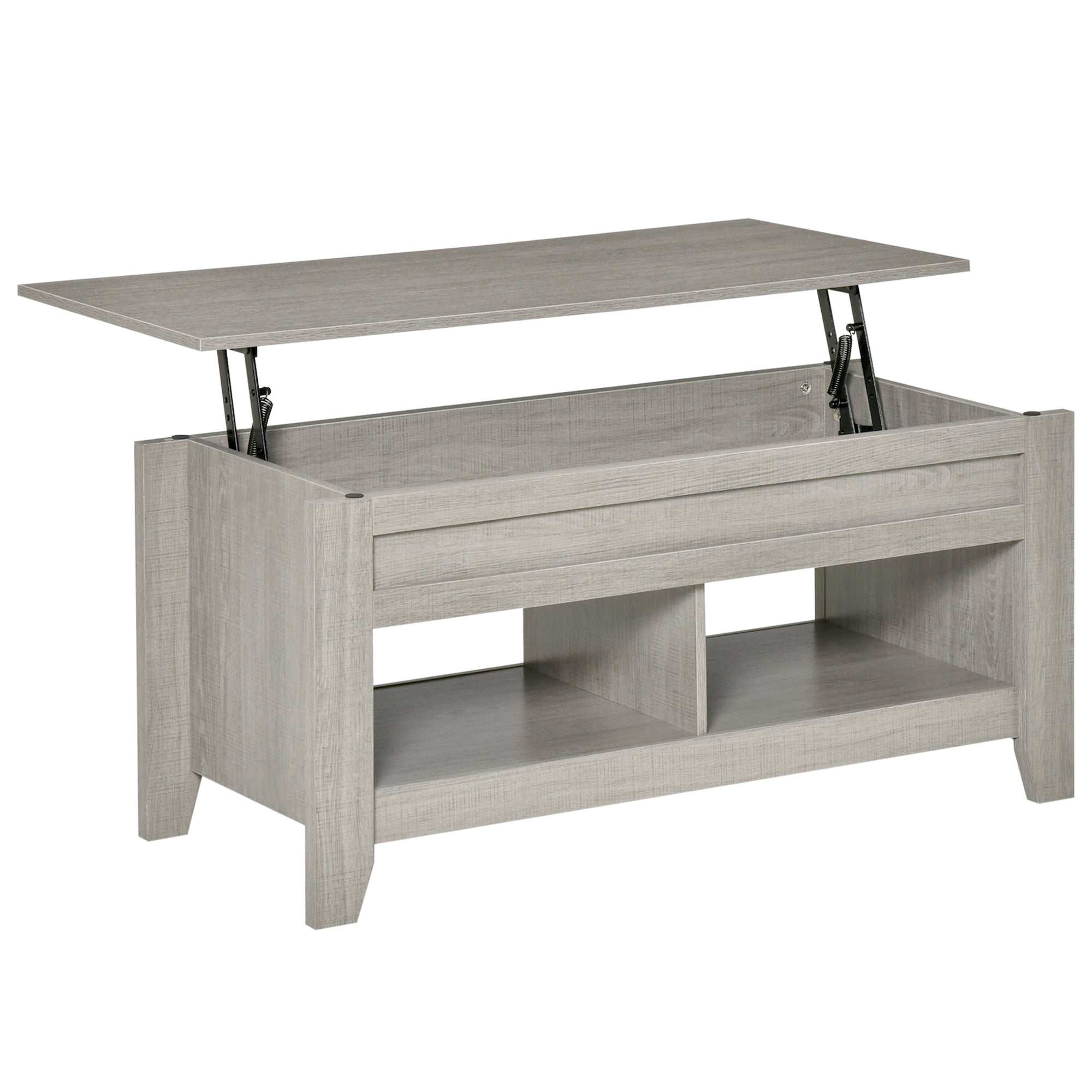 HOMCOM Light Grey Lift Top Coffee Table: Pop-Up Center Table with Hidden Storage, Open Shelves for Living Room 