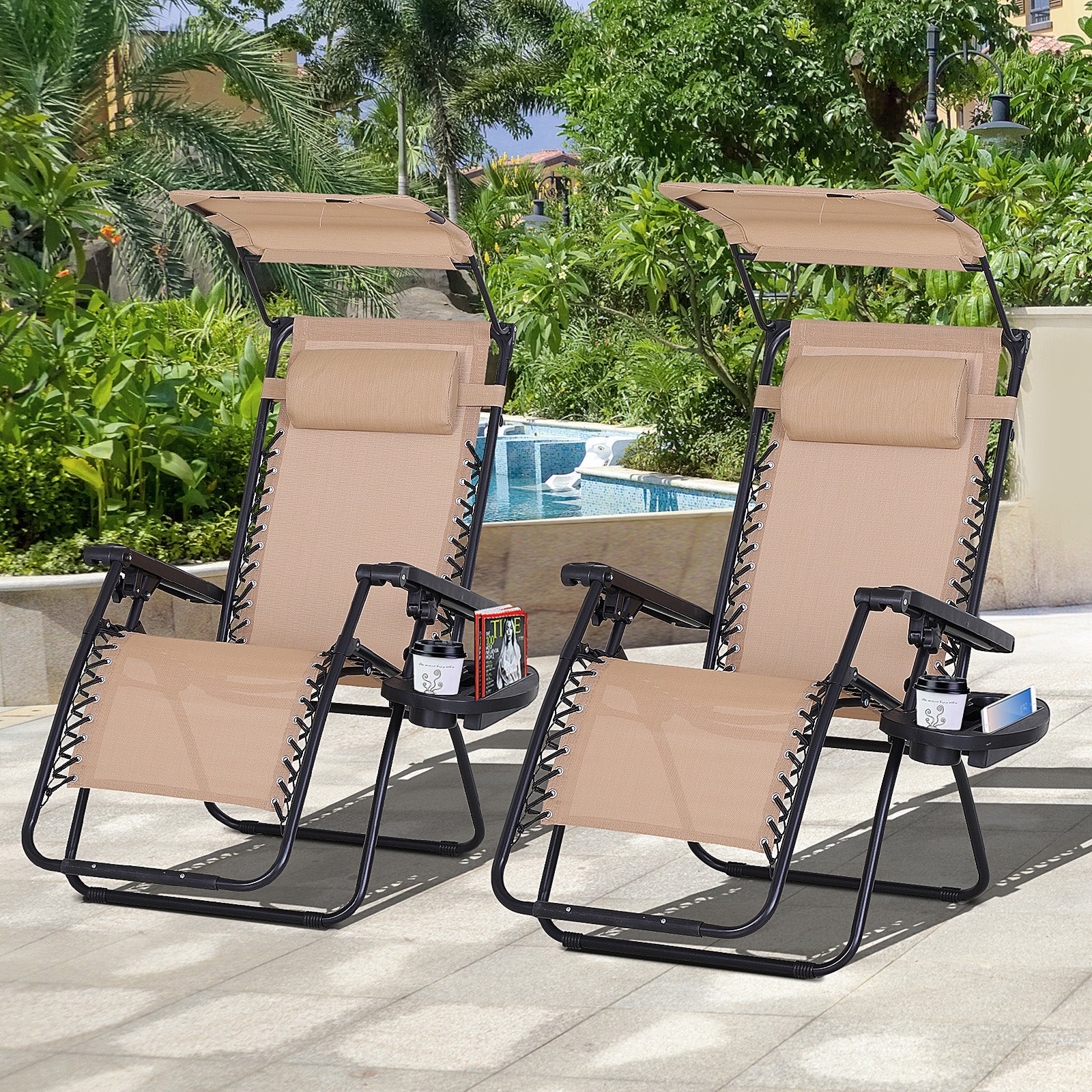 Outsunny Zero Gravity Chair 2pc Adjustable Patio Lounge Recliner with Cup Holder Canopy Shade Beige 