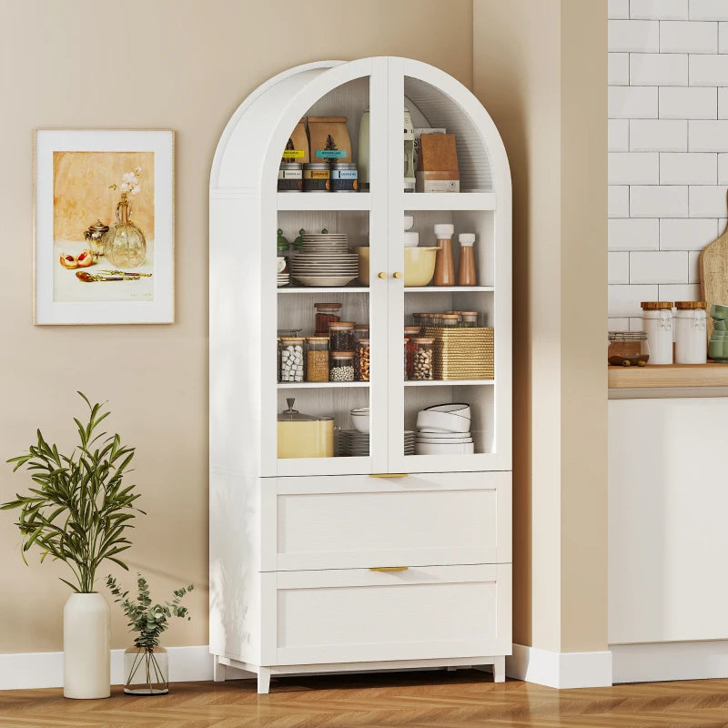 🏡 Arched Glass Door Pantry Cabinet – Modern Farmhouse Storage (White)