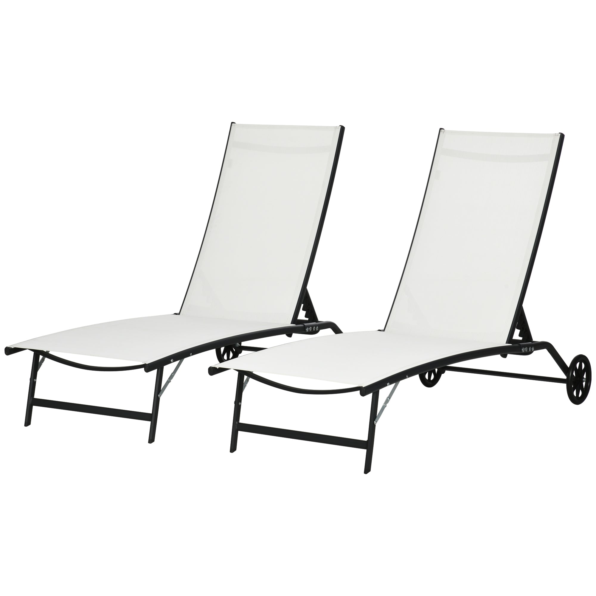 Outsunny Adjustable Lounge Chairs 2PCs Set with Wheels 5-Level Backrest for Garden Patio Poolside Deck White 