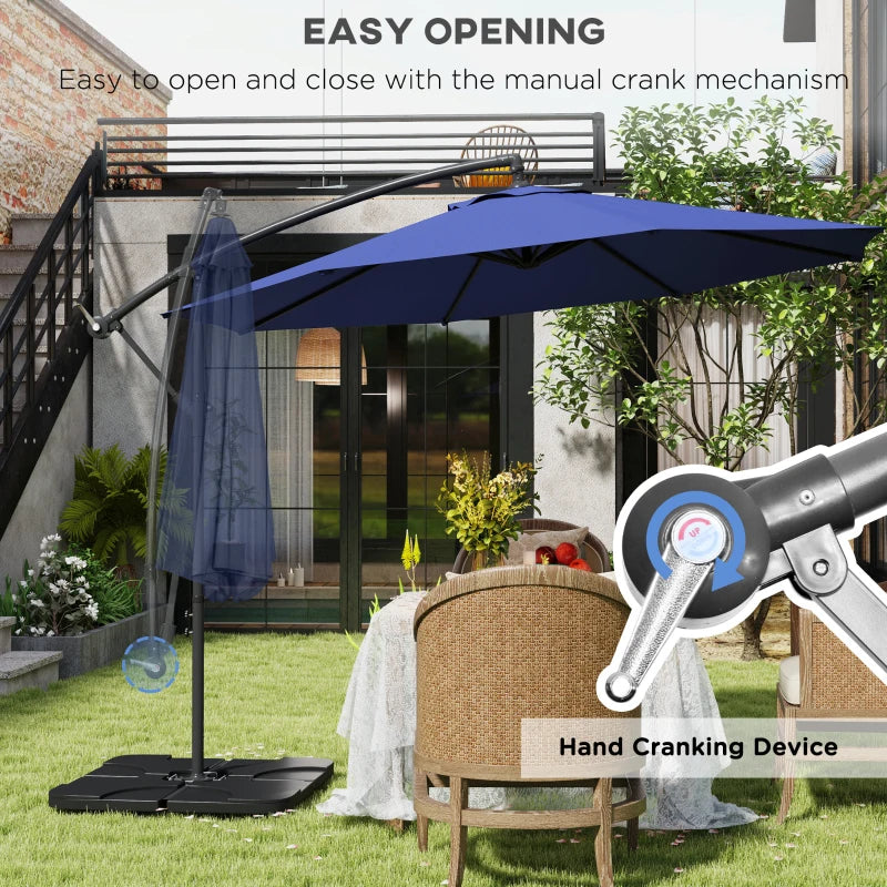 9.6ft Offset Patio Umbrella Garden Hanging Parasol Banana Cantilever Umbrella with Base, Crank, Navy Blue