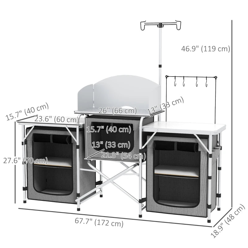 Aluminum Camping Kitchen, Portable Folding Camping Table with Fabric Cupboards, Windshield, Bag for BBQ, Picnic, Grey