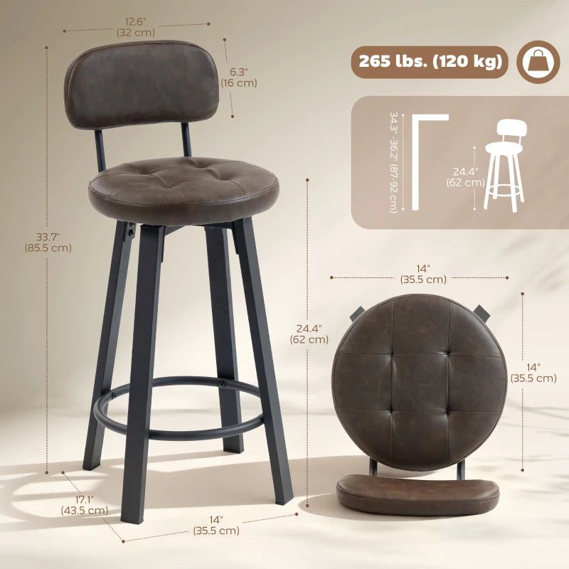 Bar Stools Set of 2, Upholstered Breakfast Bar Chairs with Footrest and Backrest for Kitchen Counter, Brown