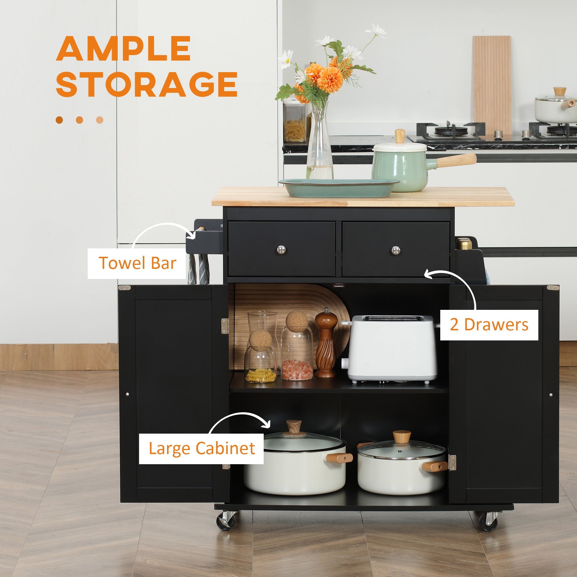 HOMCOM Kitchen Essentials: Rubber Wood Top Trolley Cart, 3-Tier Spice Rack, Towel Bar Storage, Black Finish 
