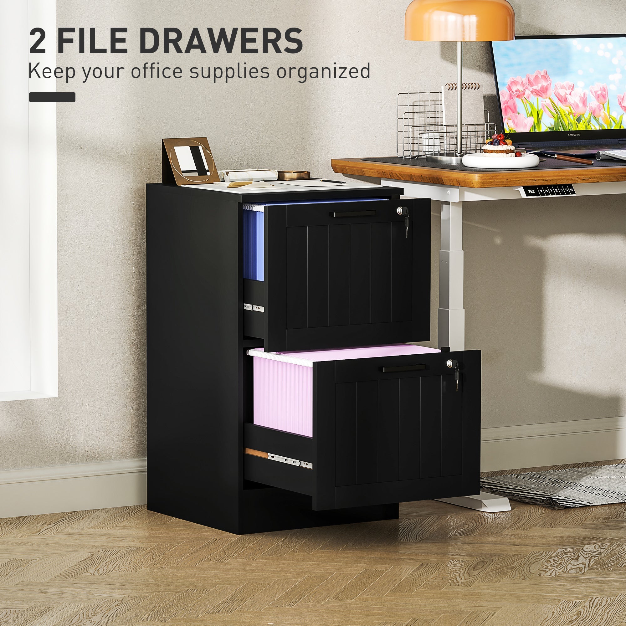HOMCOM 2 Drawer Filing Cabinet with Lock, Office Storage Cabinet with Adjustable Hanging Bars for A4 Letter Size Files, Black 