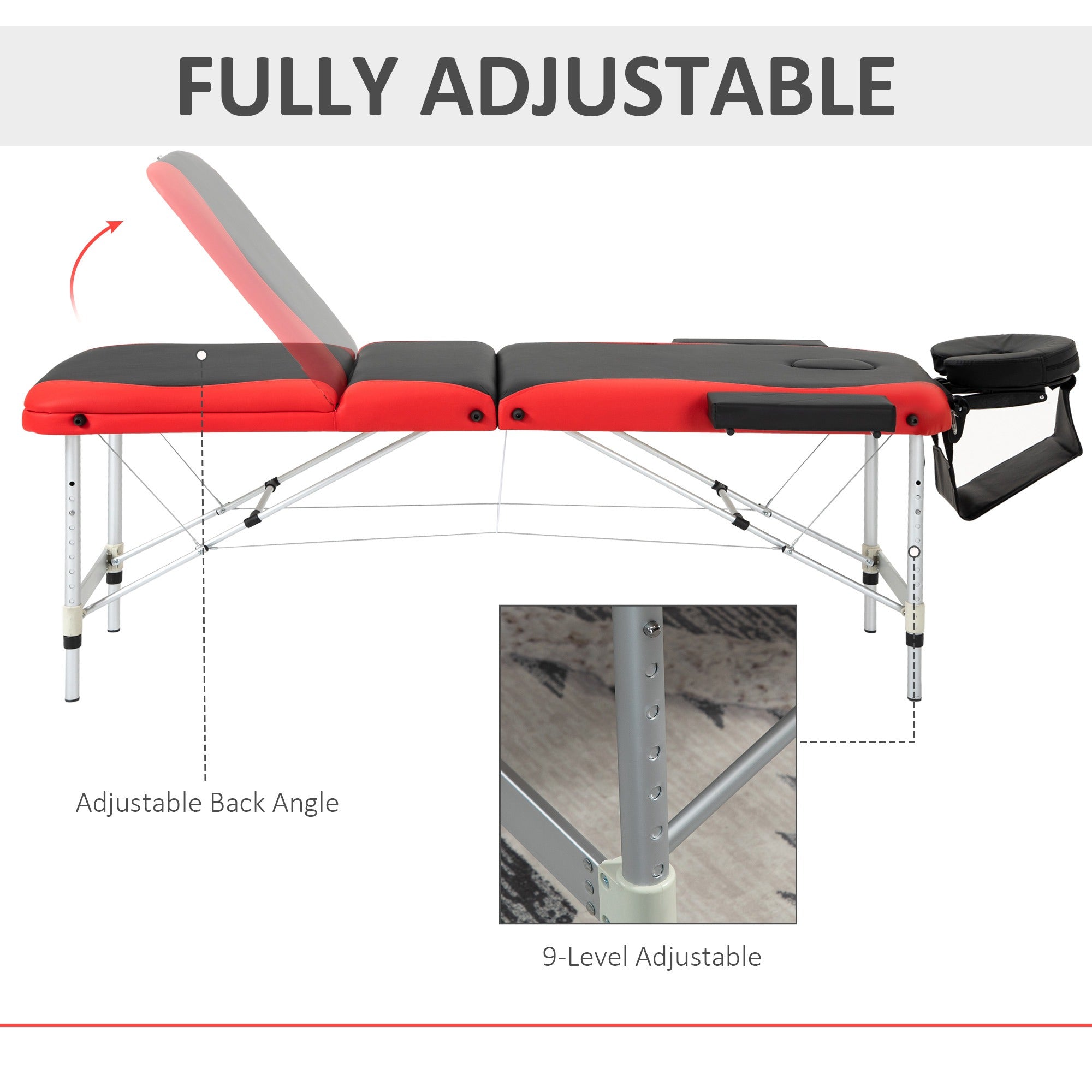 HOMCOM 73" 3 Section Foldable Massage Table Professional Salon Spa Facial Couch Bed (Black/Red) 