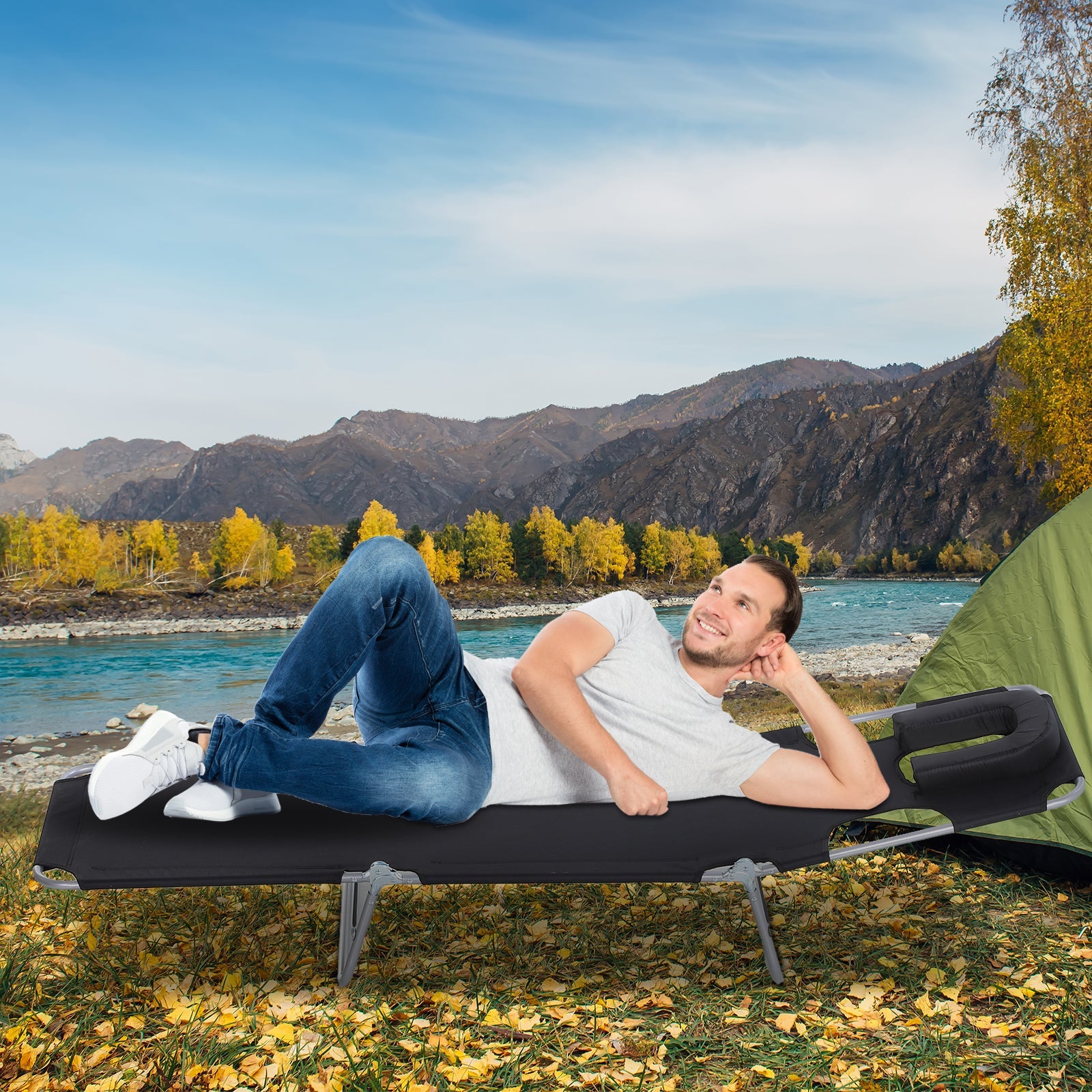 Outsunny Adjustable Folding Chaise Lounge with Face Hole Beach Camping Recliner Sunbed Black 