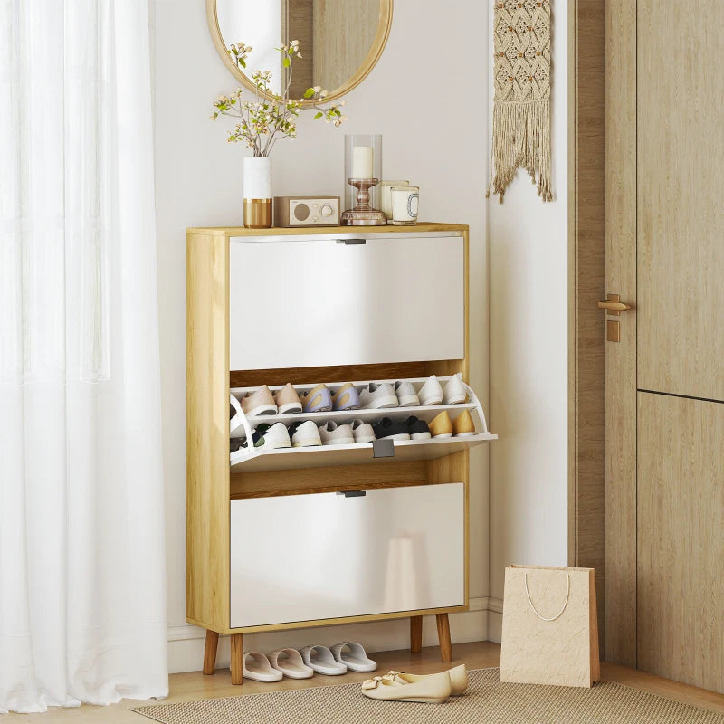 Narrow Shoe Cabinet, High Gloss Shoe Storage Cabinet with 3 Flip Drawers and Adjustable Shelves, Holds 24 Pairs, White
