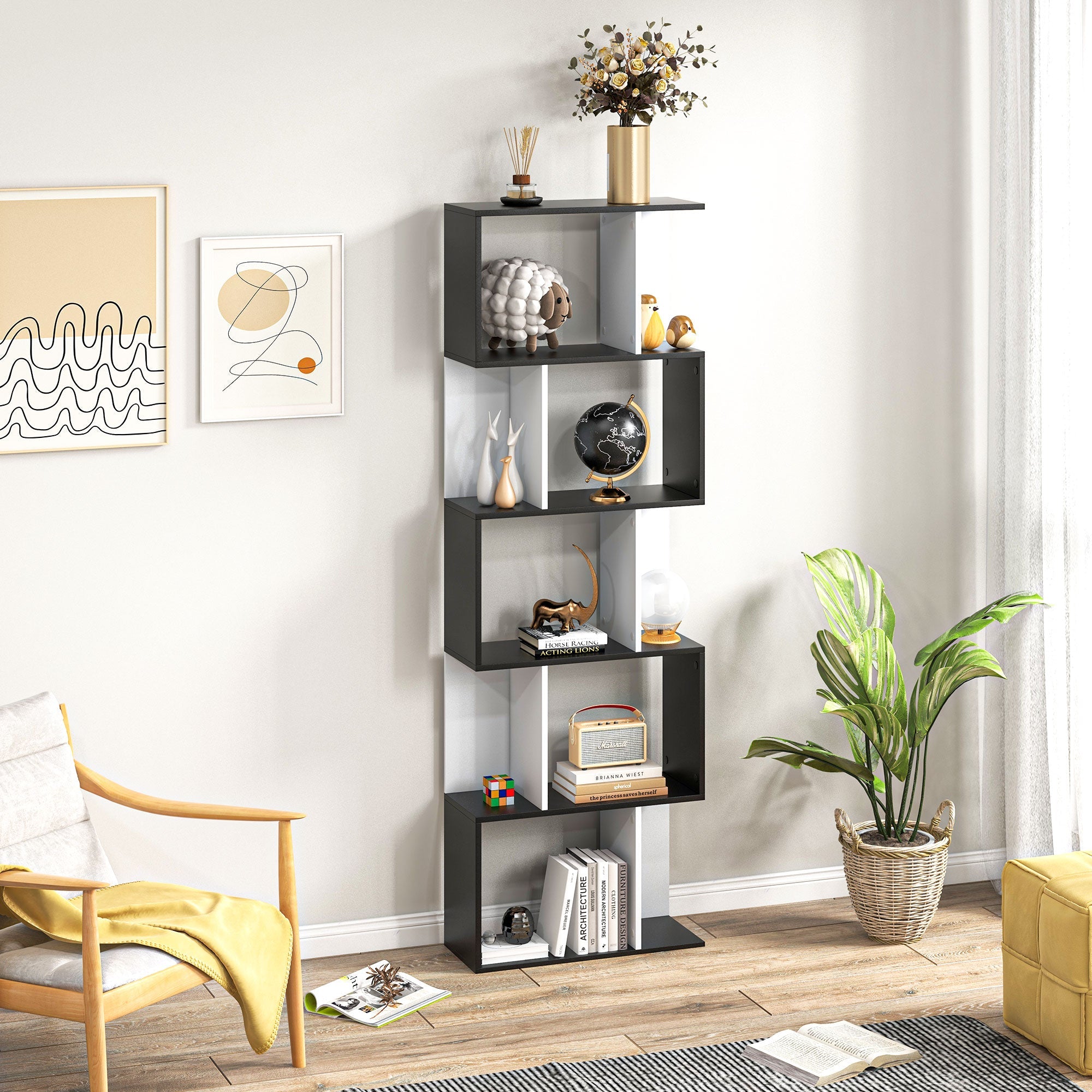 HOMCOM 5-Tier Modern Bookcase Display Shelf Storage Room Divider for Living Room Home Office Black 