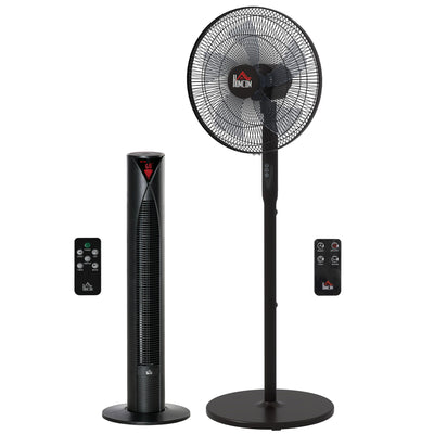 HOMCOM Tower Fan and 16" Pedestal Fan Set, with Remote Control, Height Adjustable, Tilted Head, Timer, Oscillating Standing Fan, Black 