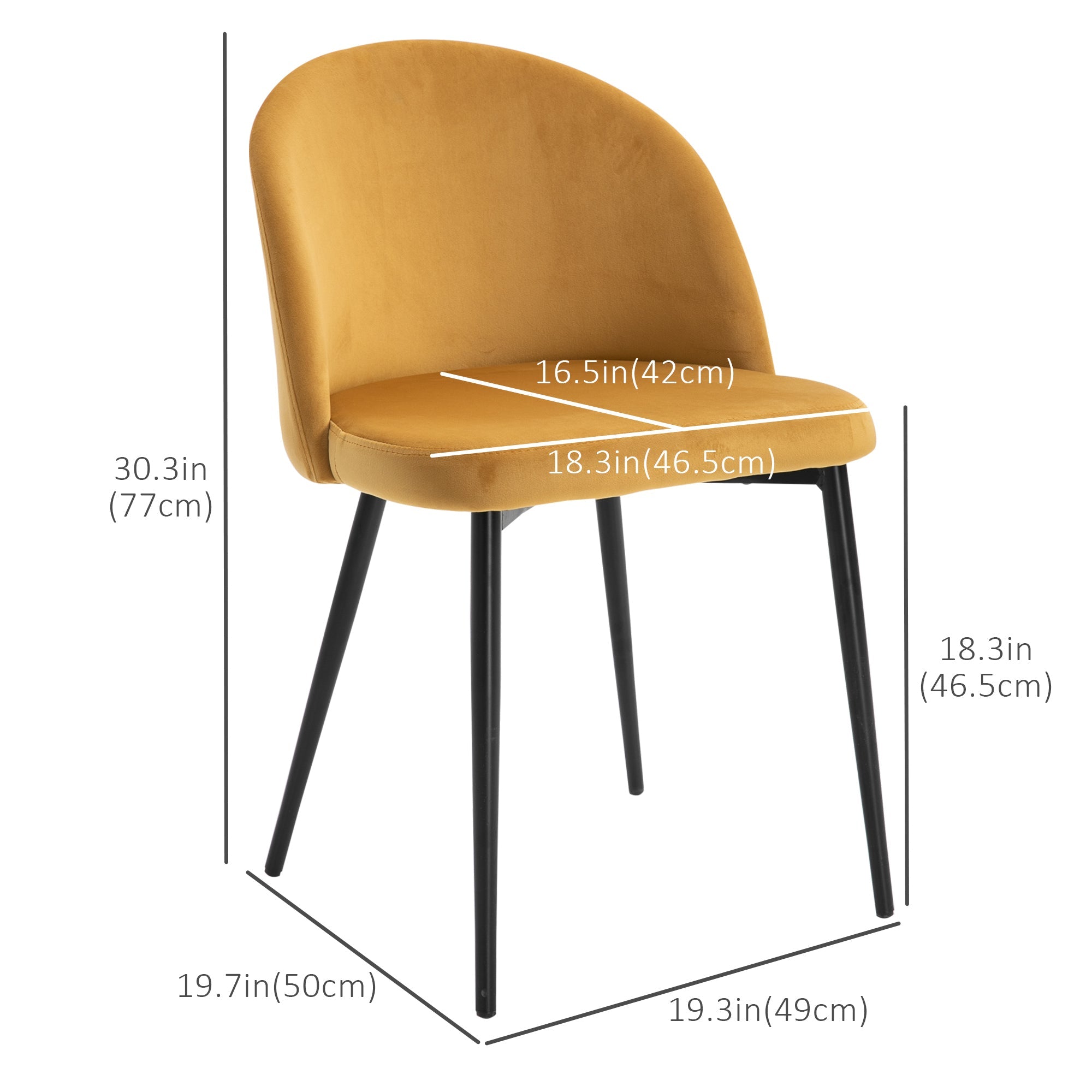 HOMCOM Set of 2 Modern Dining Chairs Velvet Upholstery Side Accent Chair Yellow 