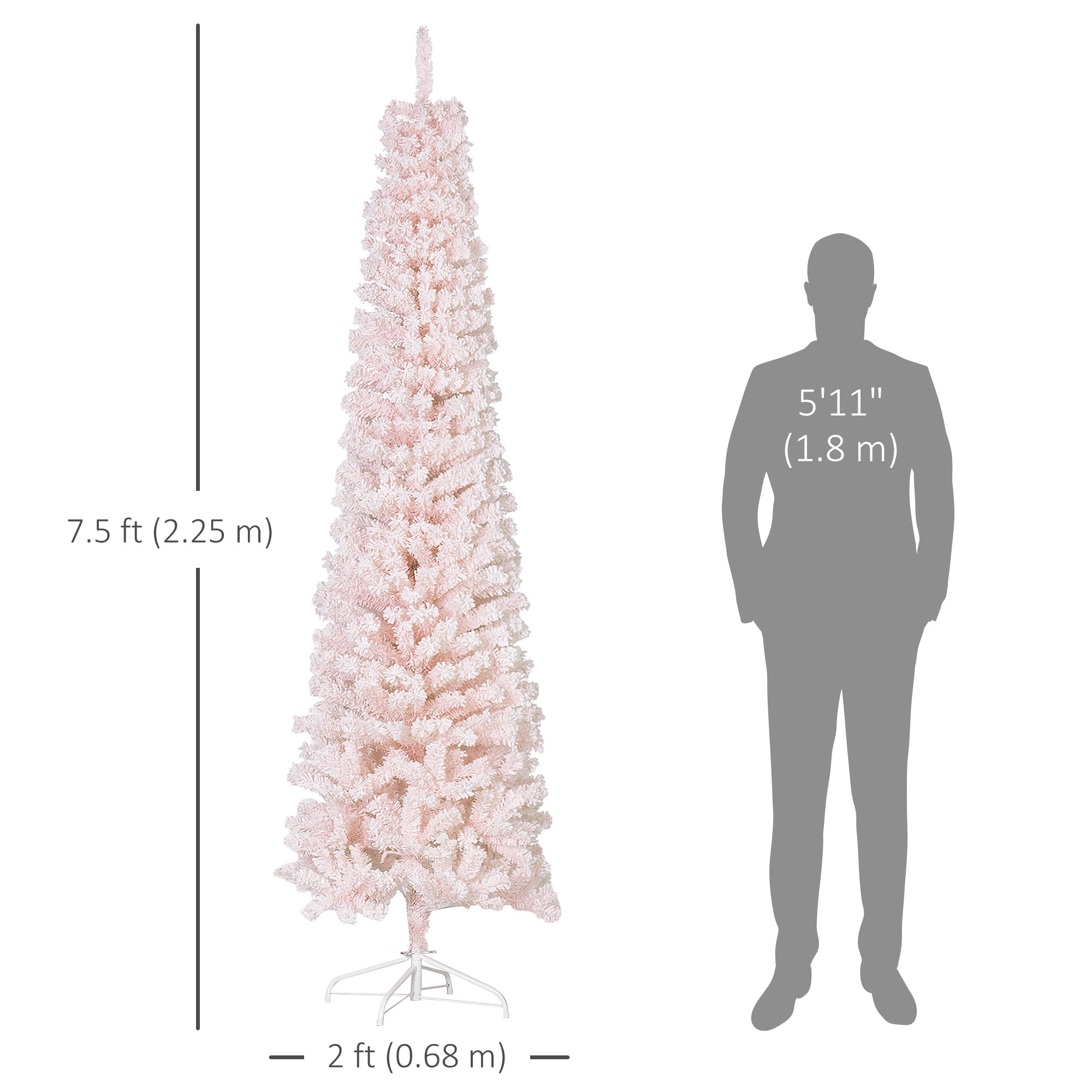 HOMCOM 7.5ft Flocked Christmas Tree, Pencil Christmas Tree with Realistic Branch Tips, Folding Metal Stand, Pink 