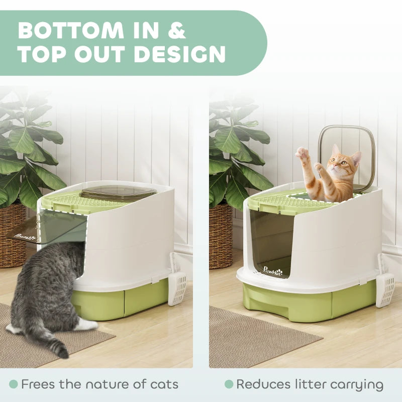 Enclosed Cat Litter Box with Lid, Scoop, Top Entry, Deodorization Bags, Drawer Type Cat Litter Tray, Easy to Clean, Green