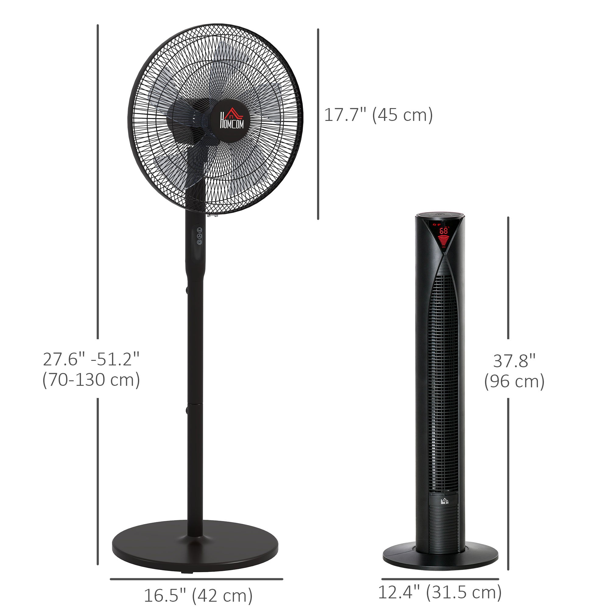 HOMCOM Tower Fan and 16" Pedestal Fan Set, with Remote Control, Height Adjustable, Tilted Head, Timer, Oscillating Standing Fan, Black 