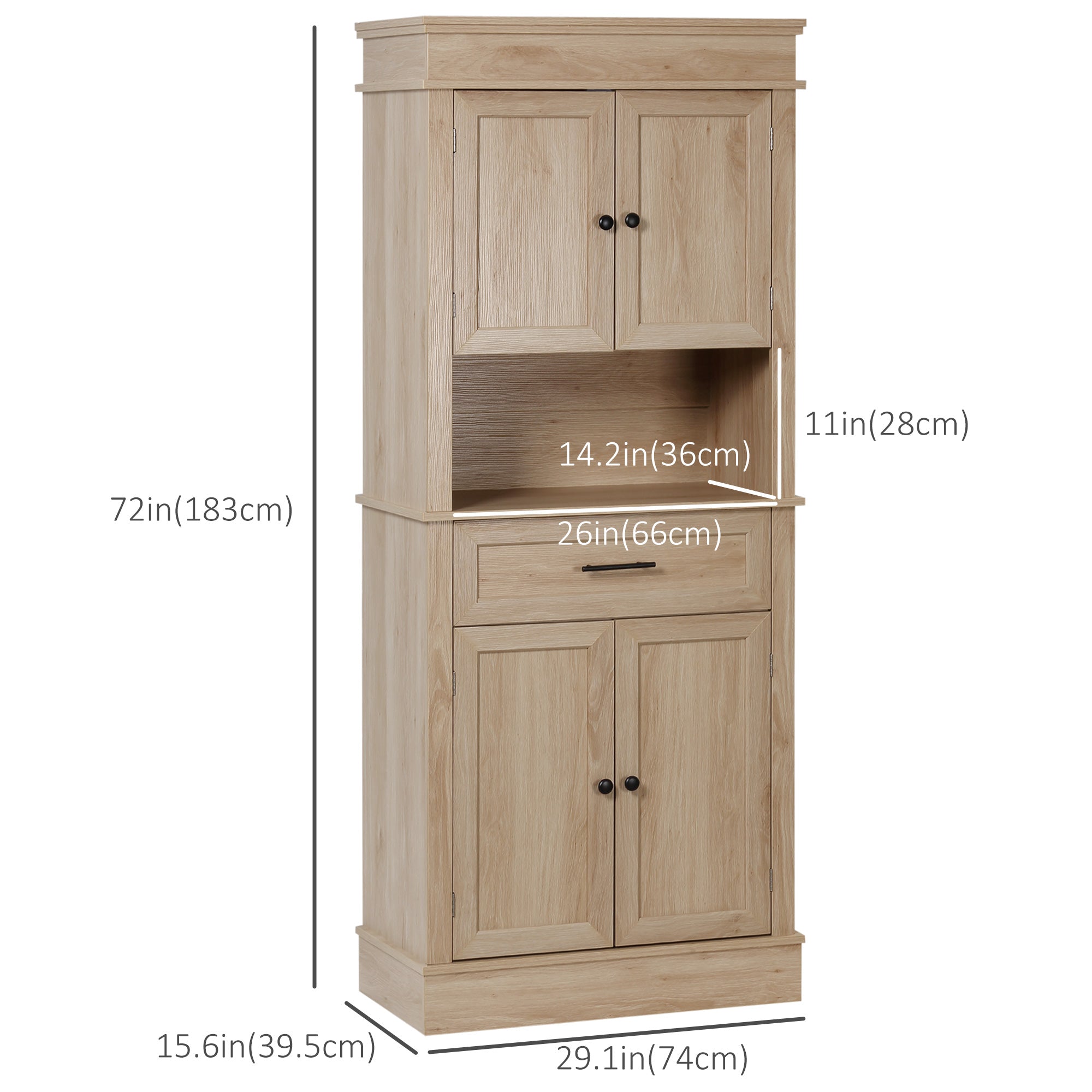 HOMCOM Modern Freestanding Kitchen Pantry Cabinet Oak Doors Open Shelves Adjustable Shelving Microwave Space 