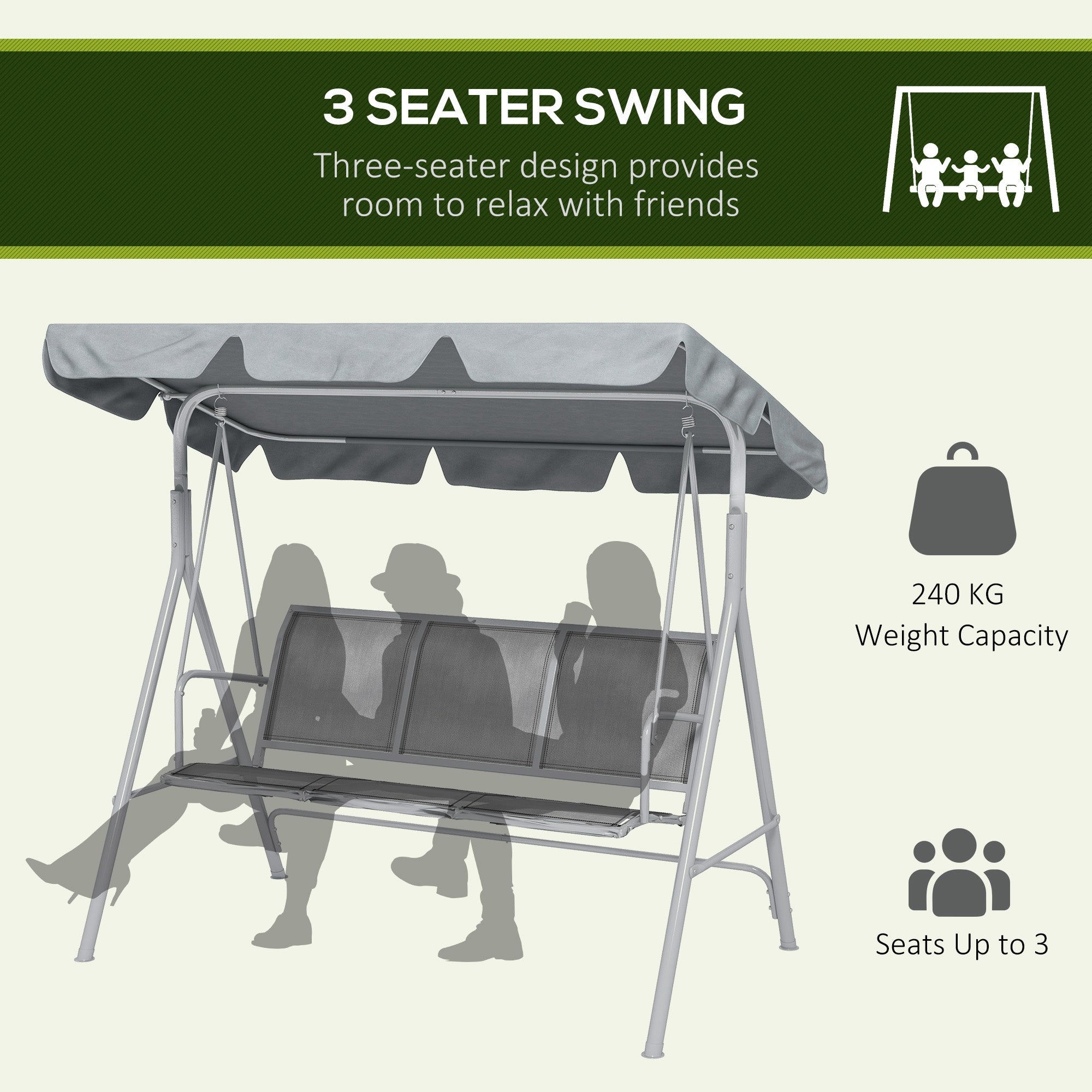 Outsunny Light Grey 3-Seater Patio Swing Chair: Outdoor Garden Hammock Glider with A-Frame, Canopy, Porch Swing Comfort 