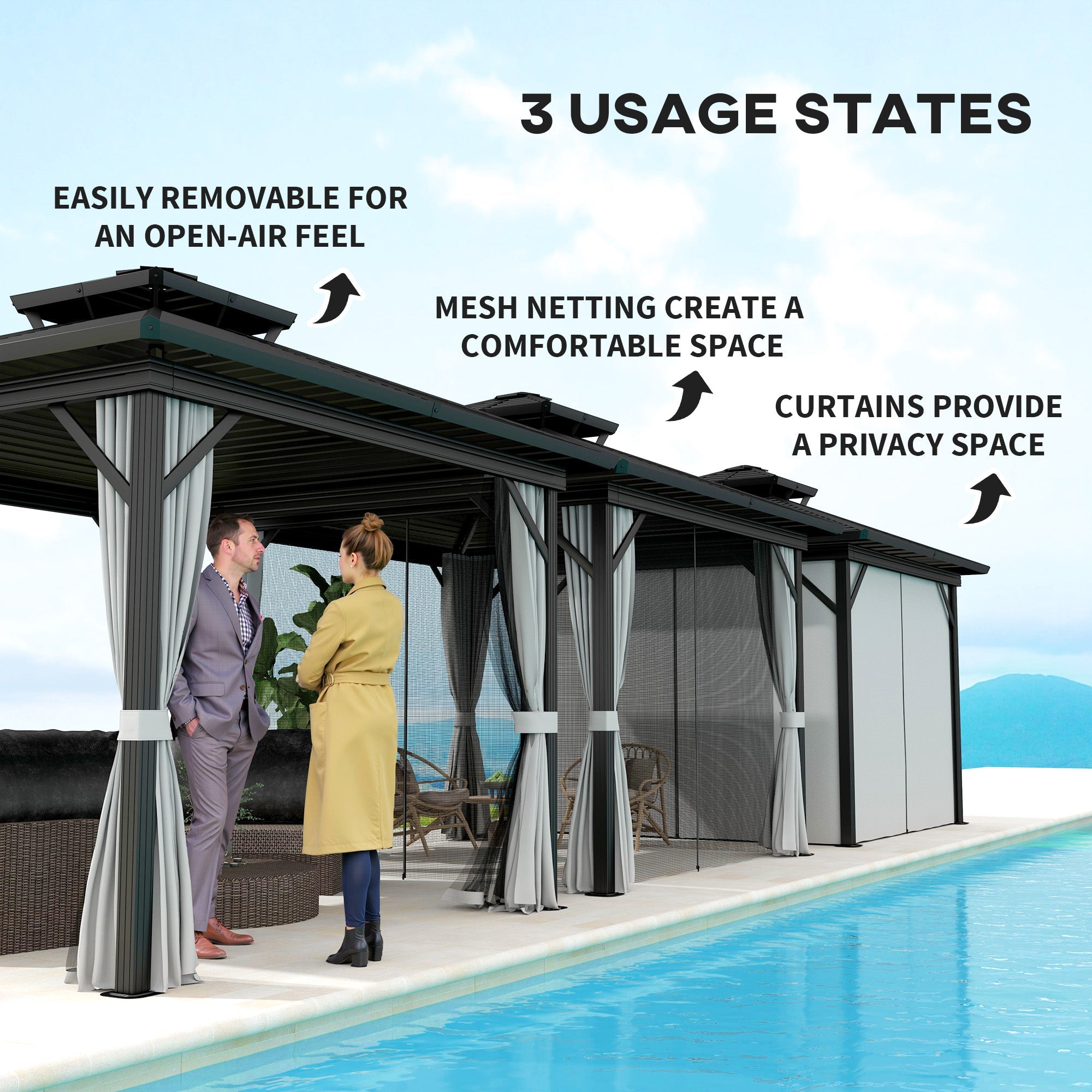 Outsunny 10' x 10' Hardtop Gazebo, Sun Shelter with Double Tier Metal Roof, Mosquito Netting, and Hanging Hook, Light Grey 