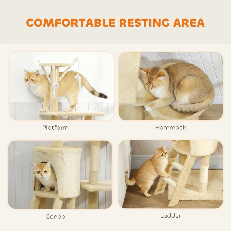 53" Cat Tree Tower, Kitten Activity Centre with Scratching Posts, Condo, Perches, Ladder, Hammock, Dangling Toys, Beige