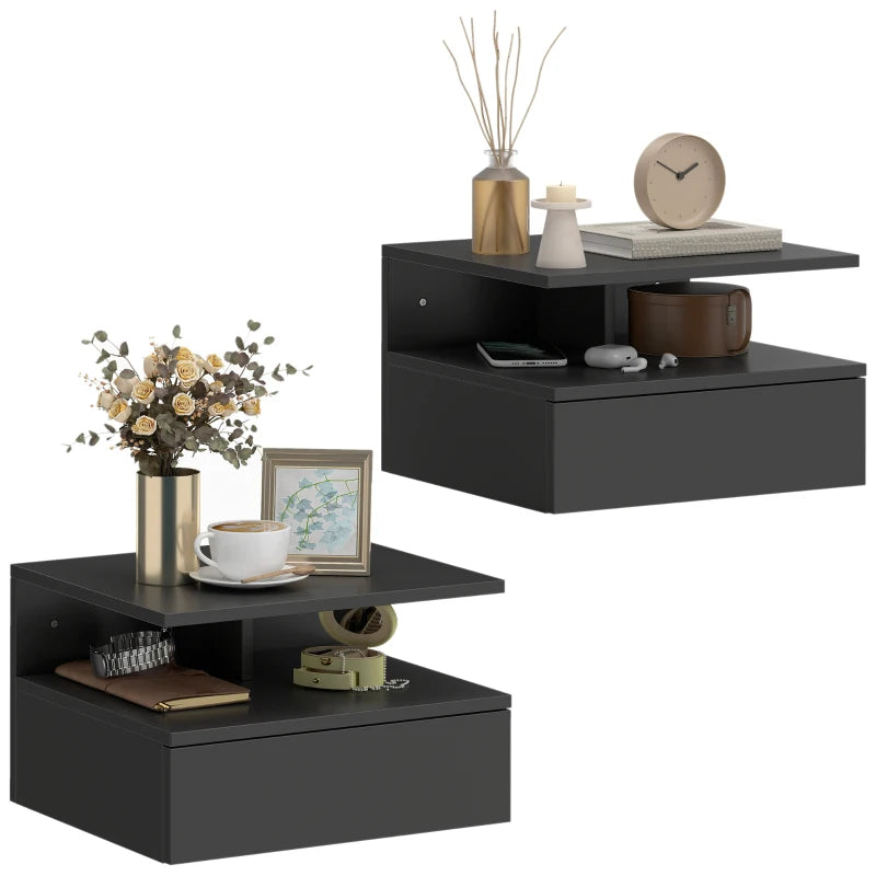 Floating Nightstand Set of 2, Wall Mounted Bedside Table with Drawer and Shelf, Small Night Stand for Bedroom, Black