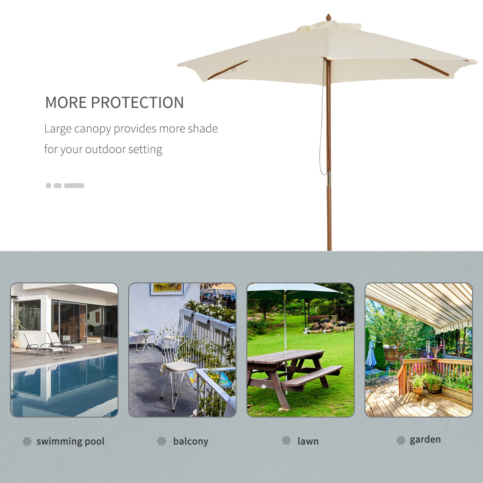 Outsunny Radiant Retreat: 8FT Cream White Wood Market Umbrella, Round Patio Garden Parasol with Bamboo Ribs and Vent 
