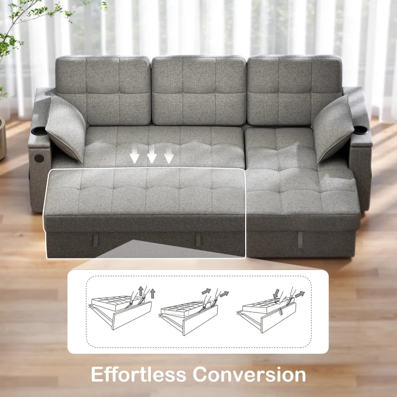 Convertible Sectional Sofa Bed, Pull Out Sleeper Sofa Couch with USB‑A+C, Chaise Storage, L-Shaped Futon Couch, Grey