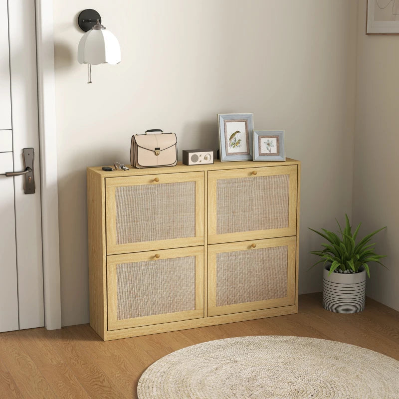 Narrow Shoe Storage Cabinet, Rattan Shoe Cabinet with 4 Flip Drawers and Adjustable Shelves for 20 Pairs, Oak