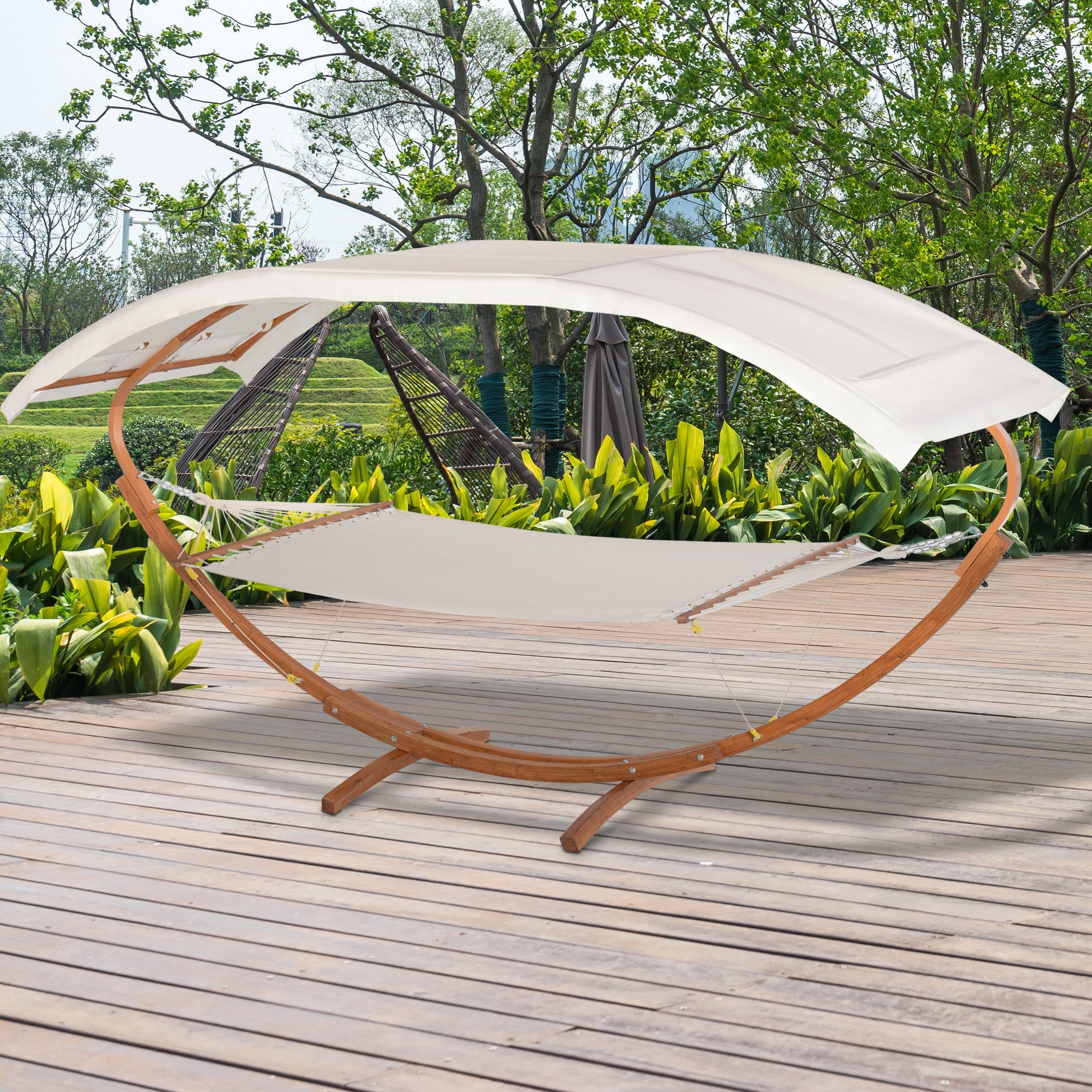 Outsunny 2 Person Wood Swing Arc Hammock Bed and Stand Set with Canopy, White/Teak 