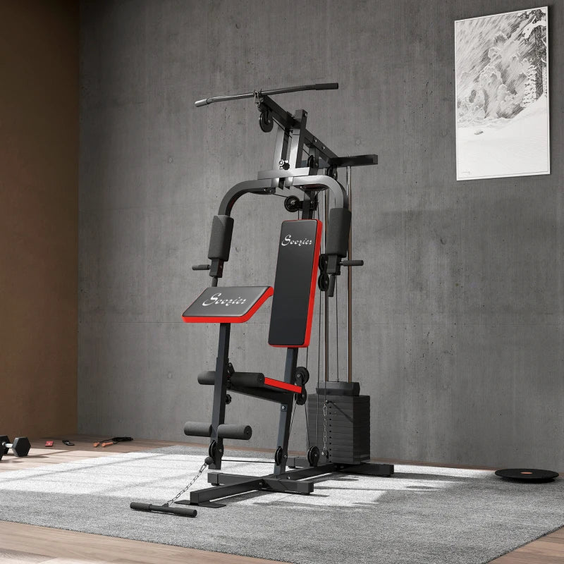Soozier Home Gym Equipment Weight Training Machine, Multifunction Workout Machine with 143lbs Weight Stack for Full Body Workout and Strength Training, Red