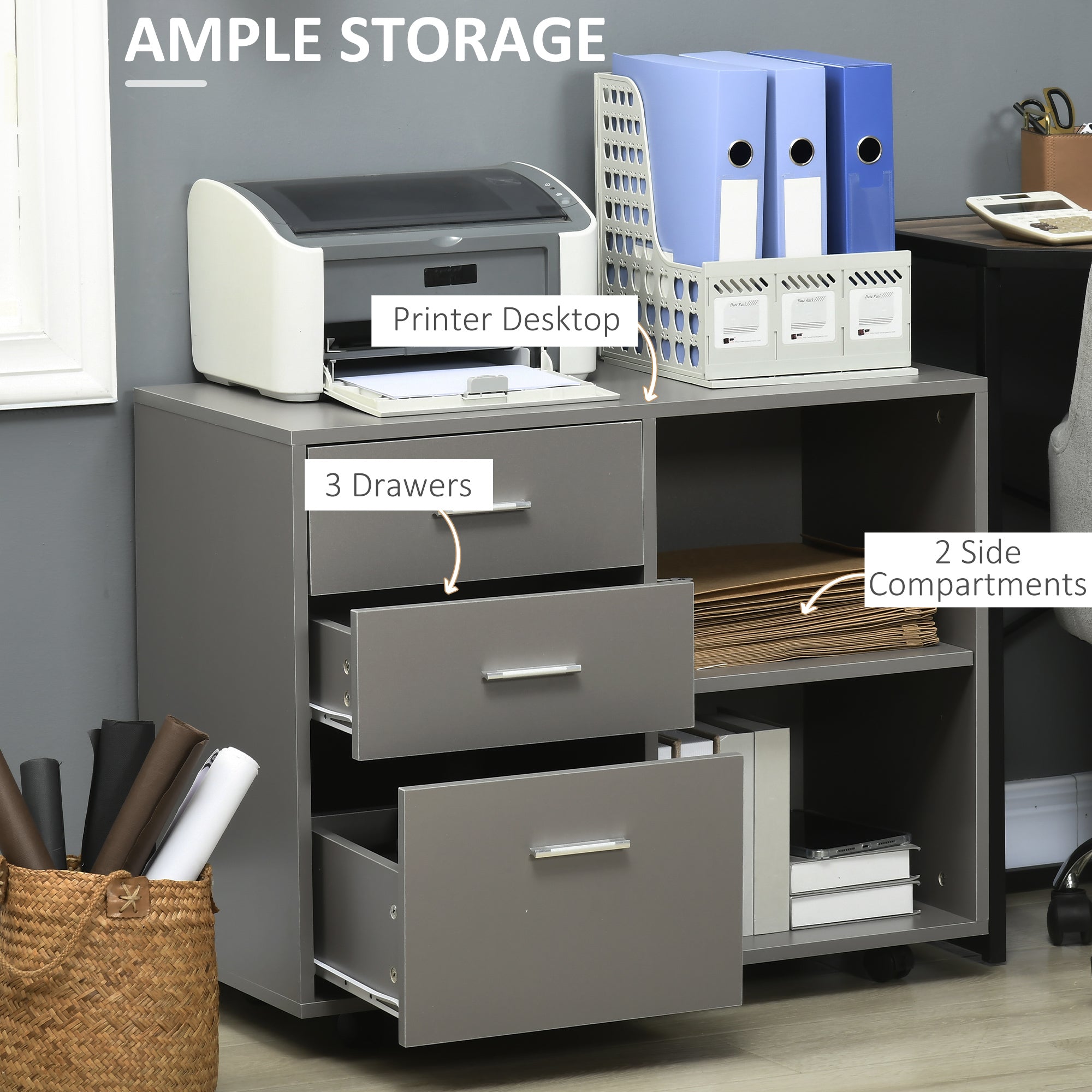 HOMCOM File Cabinet: 3 Drawers, Printer Stand, Open Shelves, Rolling Wheels, Grey, Office Storage 