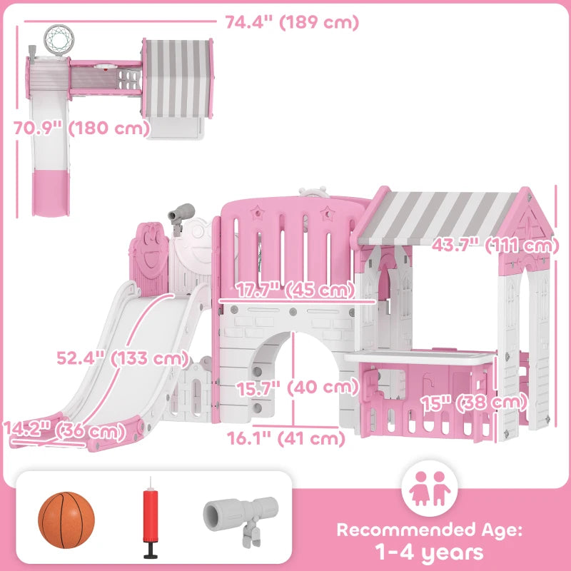 Qaba 7-in-1 Toddler Slide, Kids Slide Climber Playset with Playhouse and Basketball Hoop for 1-4 Years, Pink