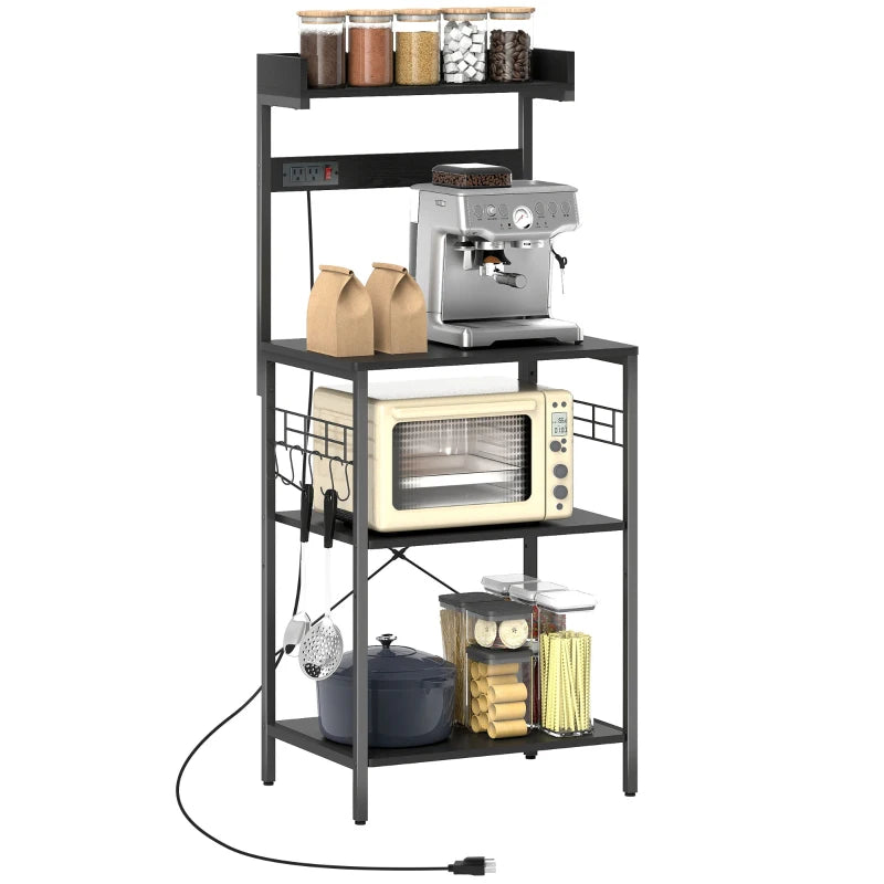 Kitchen Baker's Rack with Power Outlet, Coffee Bar Station with Adjustable Shelves and Hooks, Distressed Black