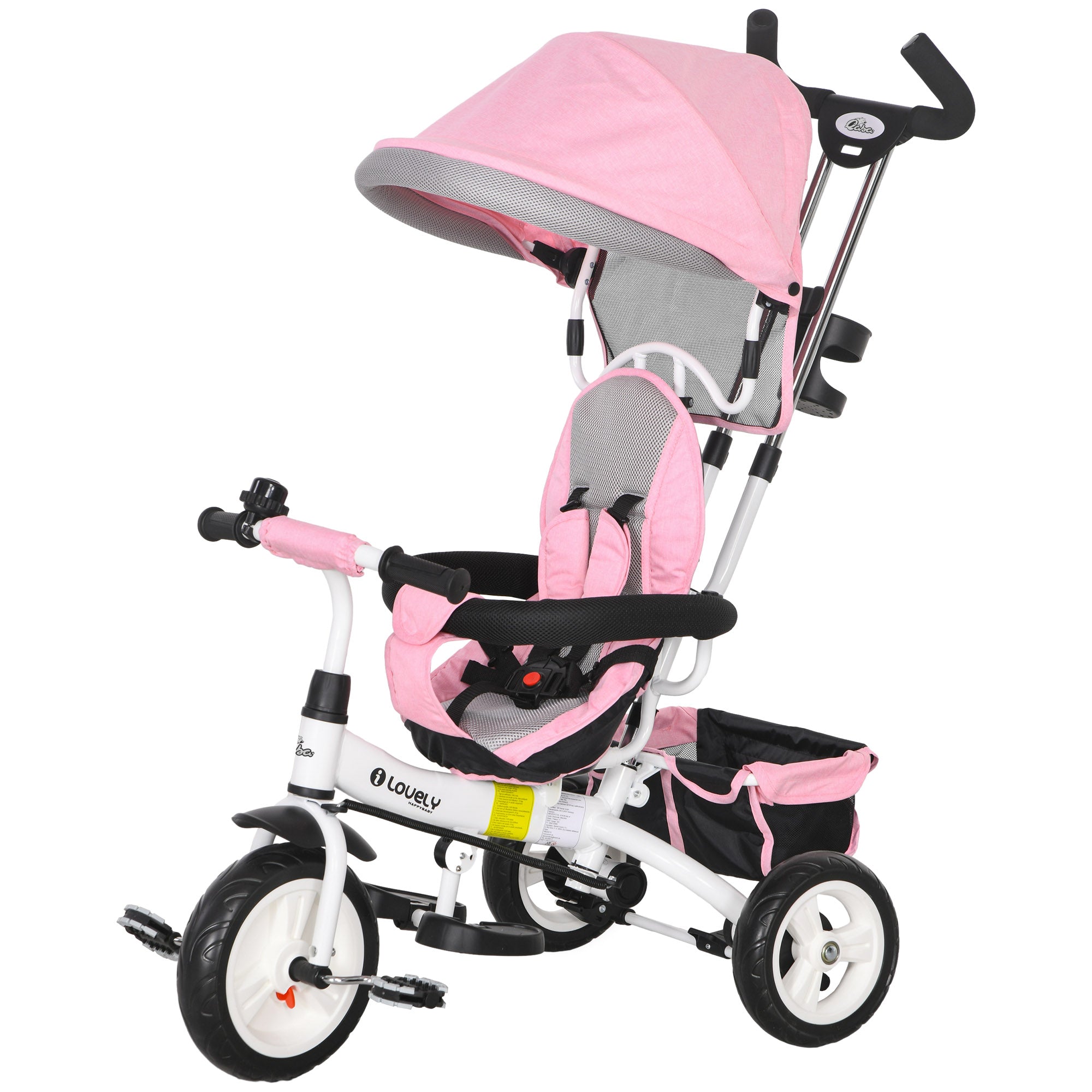 Qaba 4-in-1 Convertible Toddler Tricycle Stroller with Canopy Basket Safety Harness for Kids 12-60 Months Pink 