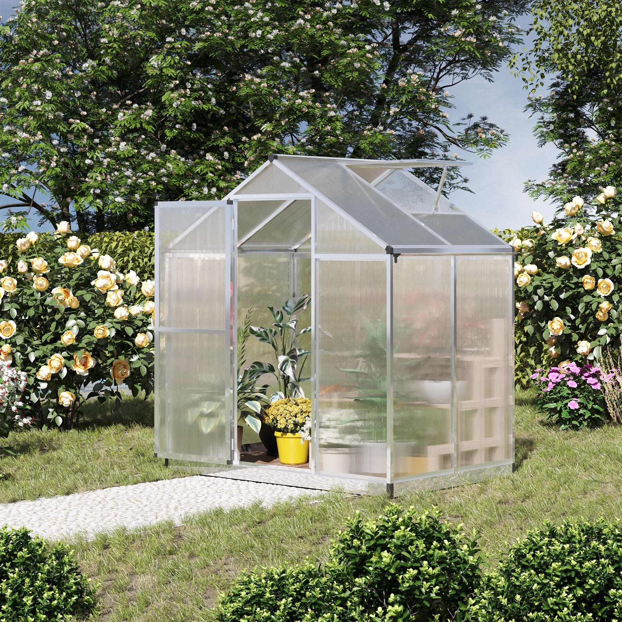 Outsunny Walk-in Garden Greenhouse 4' x 6.2' x 6.4' Polycarbonate Panels Plants Flower Growth Shed 